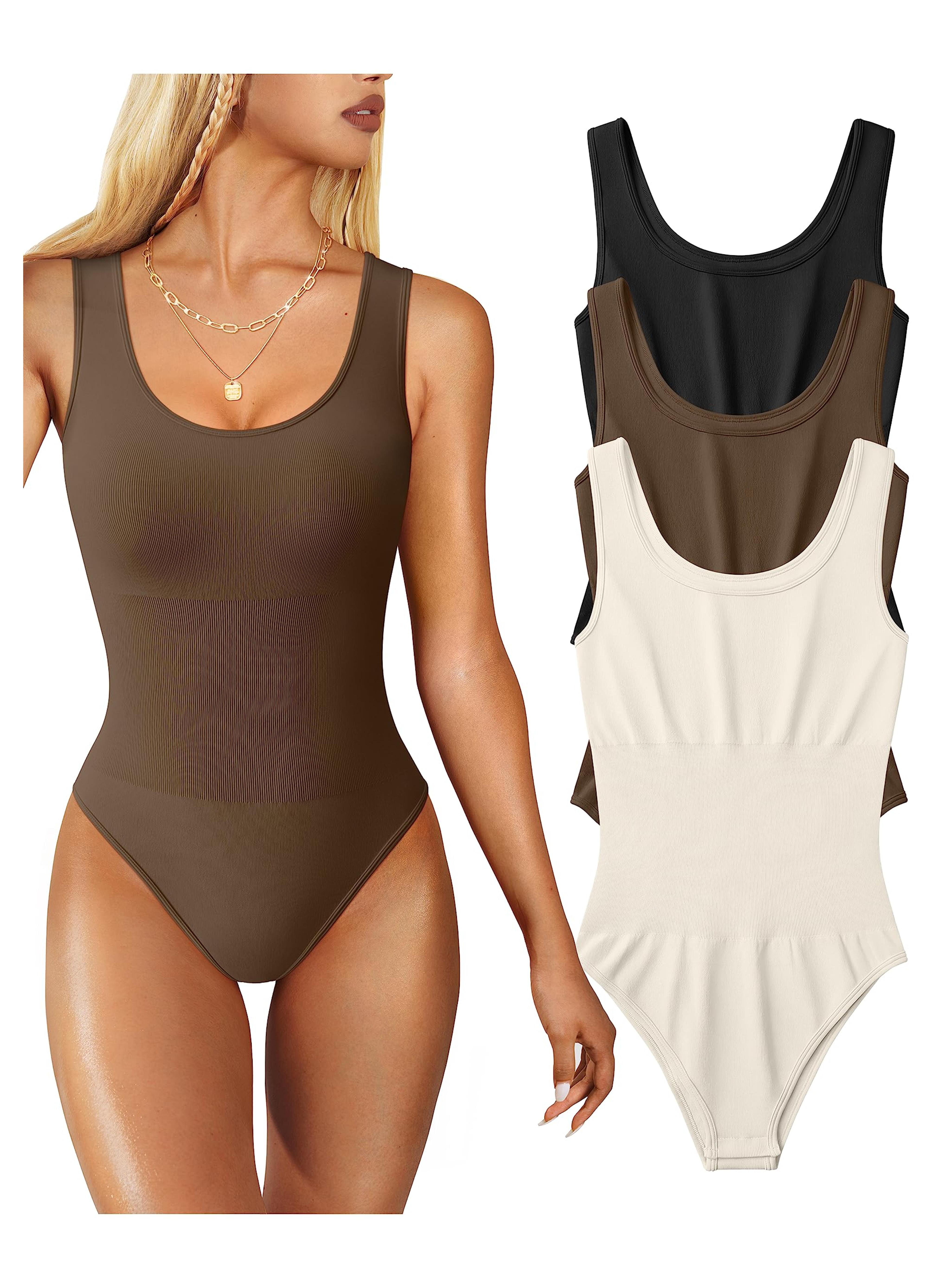 OQQ Women's 3 Piece Bodysuits Sexy Sleeveless Round Neck Shapewear Tank Tops Bodysuits