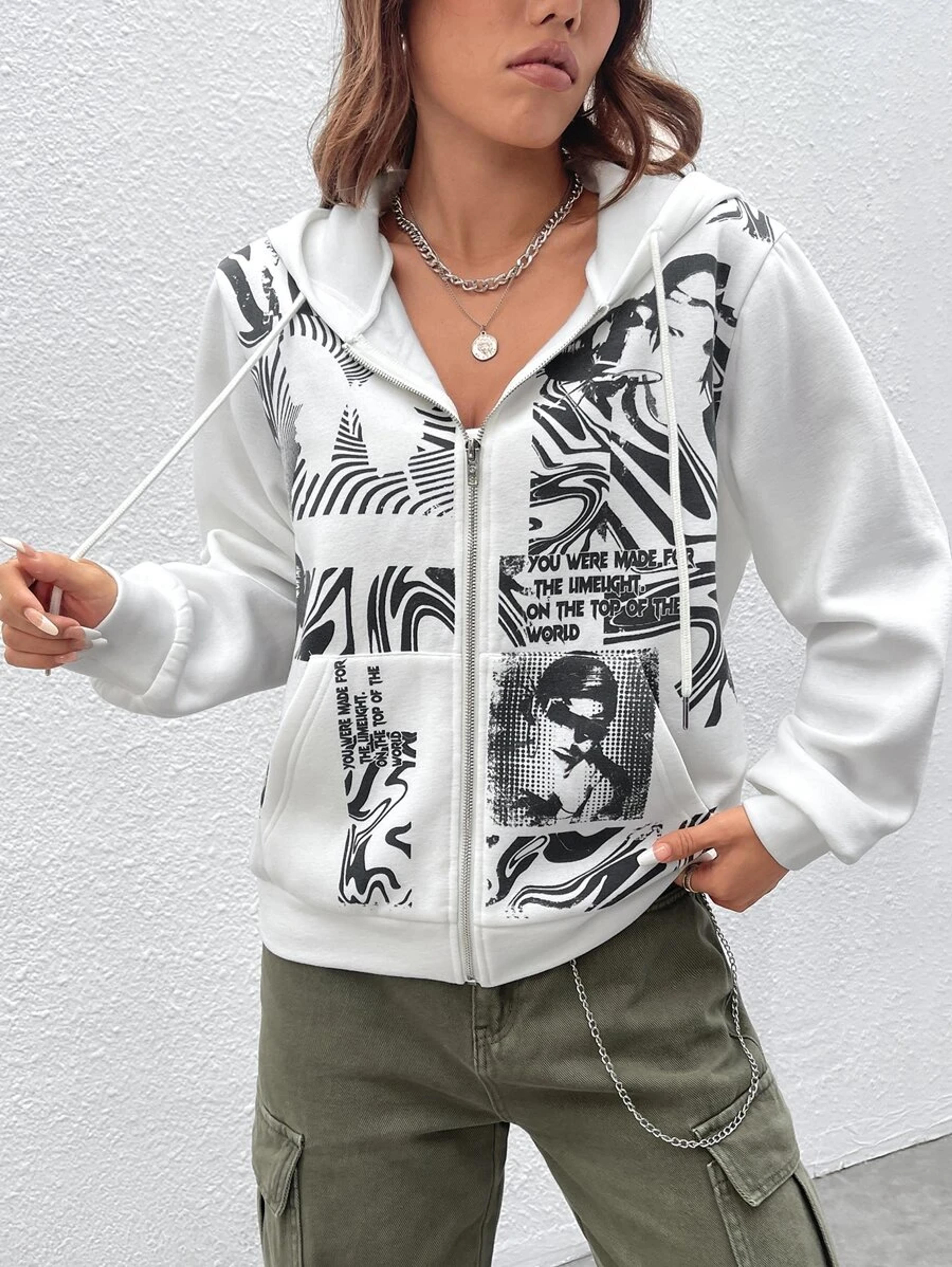 SHEIN Figure & Slogan Graphic Zip Up Drawstring Hoodie | SHEIN USA