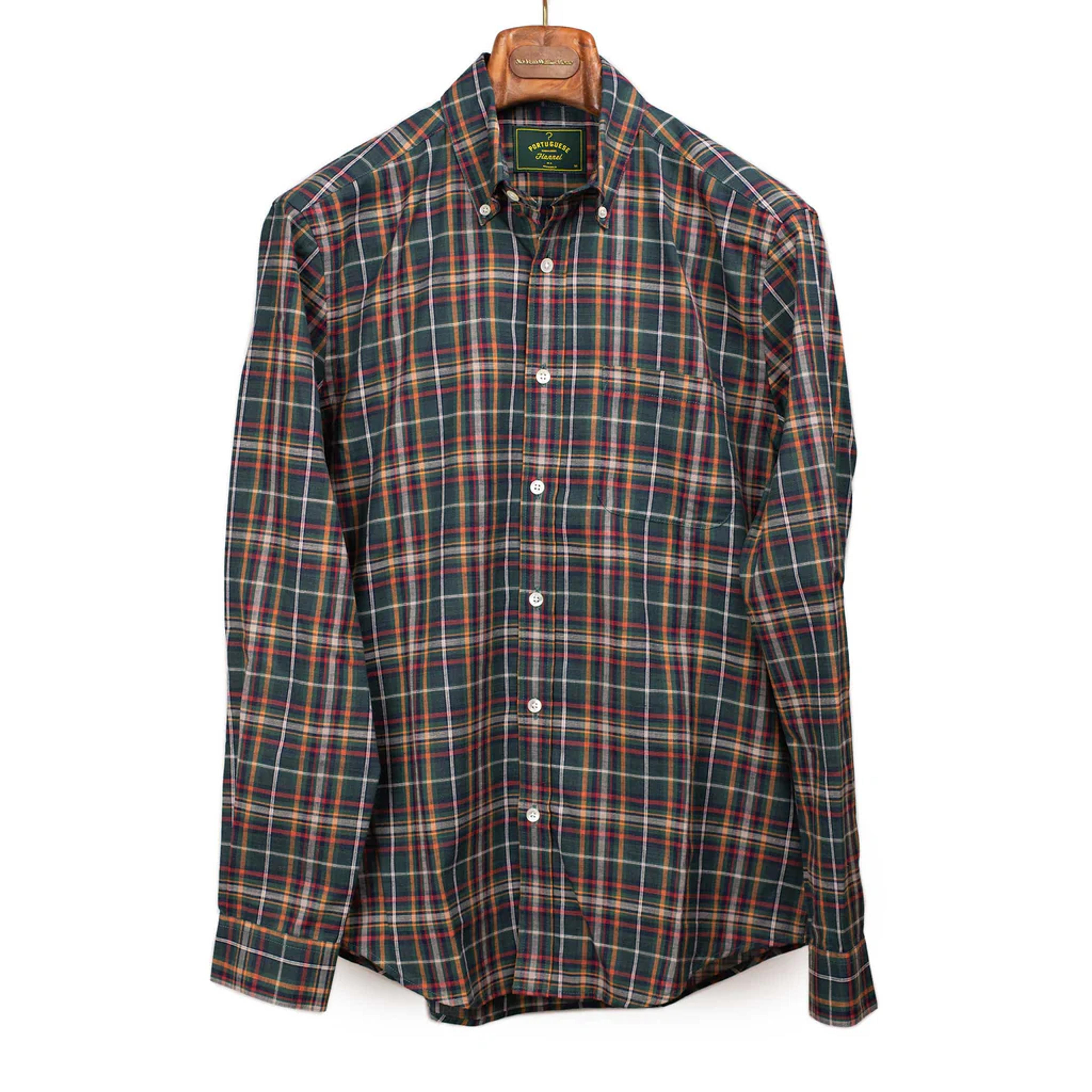 Spring Plaid buttoned collar shirt green, navy, and orange cotton plaid