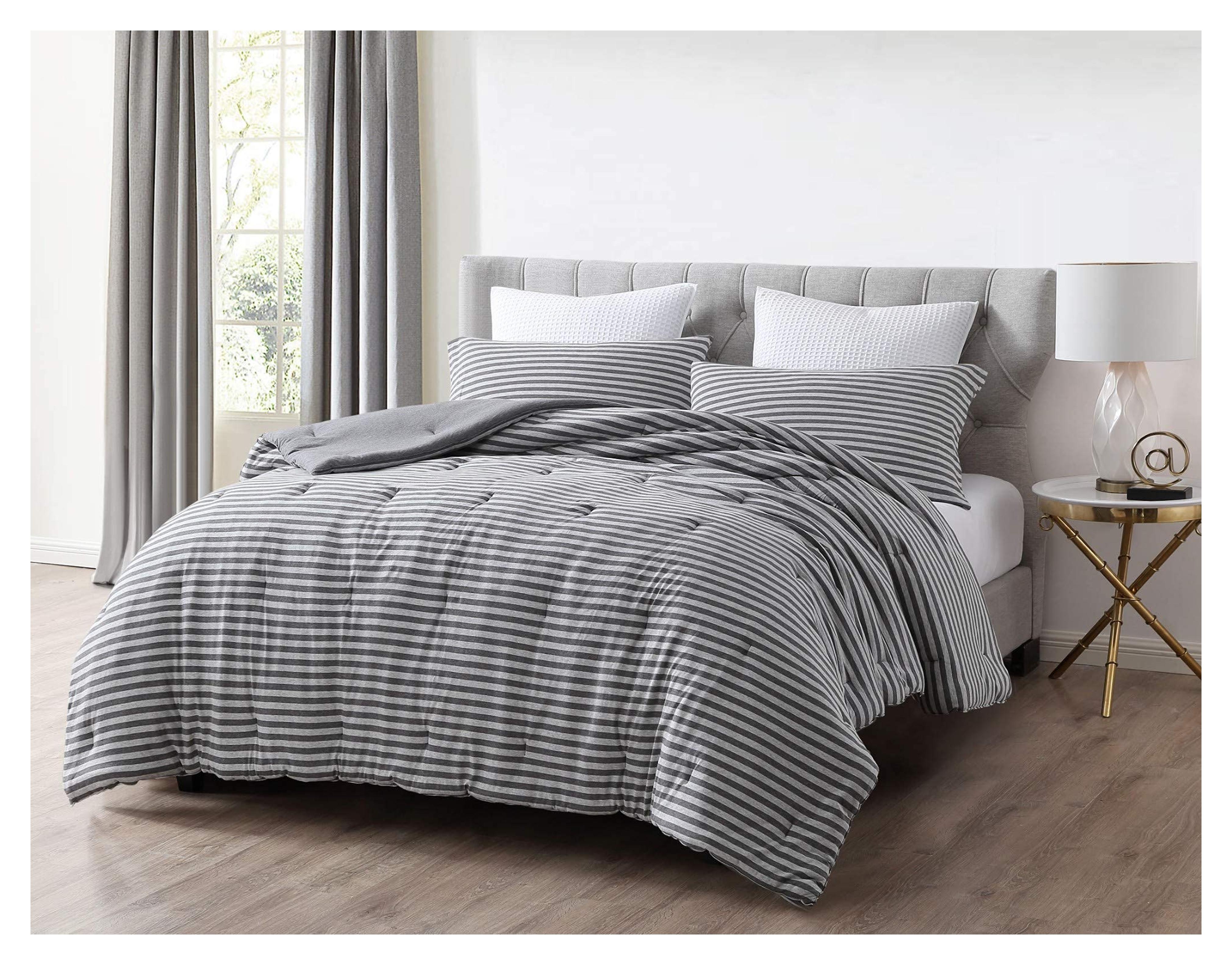 Chezmoi Collection Levi 3-Piece Striped Heather Jersey Knit Cotton Comforter Set - Solid Reversible Lightweight Super Soft and Breathable Bedding Set (Queen, Space Gray/Gray)