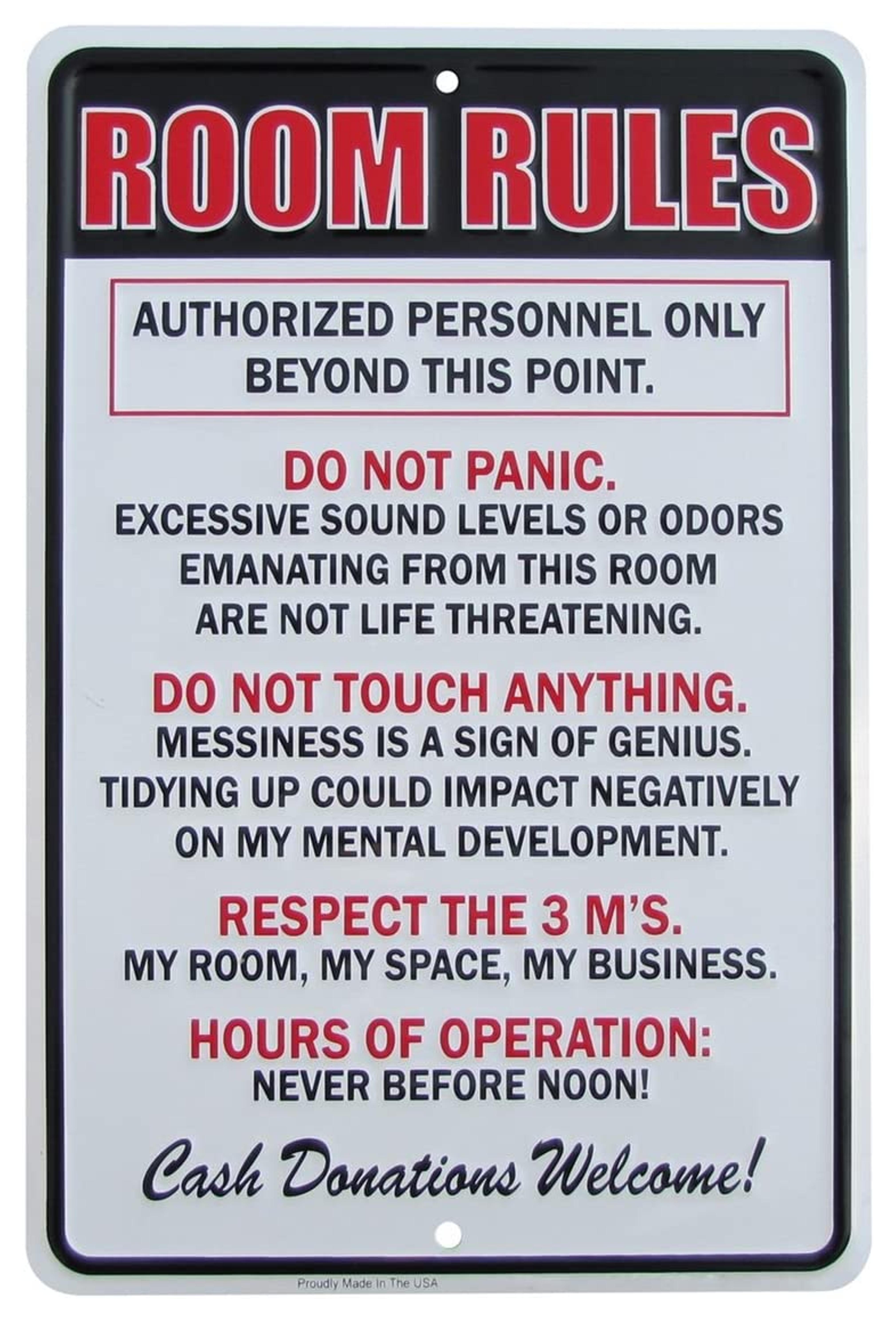 TG,LLC Treasure Gurus Room Rules Hours of Operation Metal Sign Funny Kids Bedroom Man Cave Decor