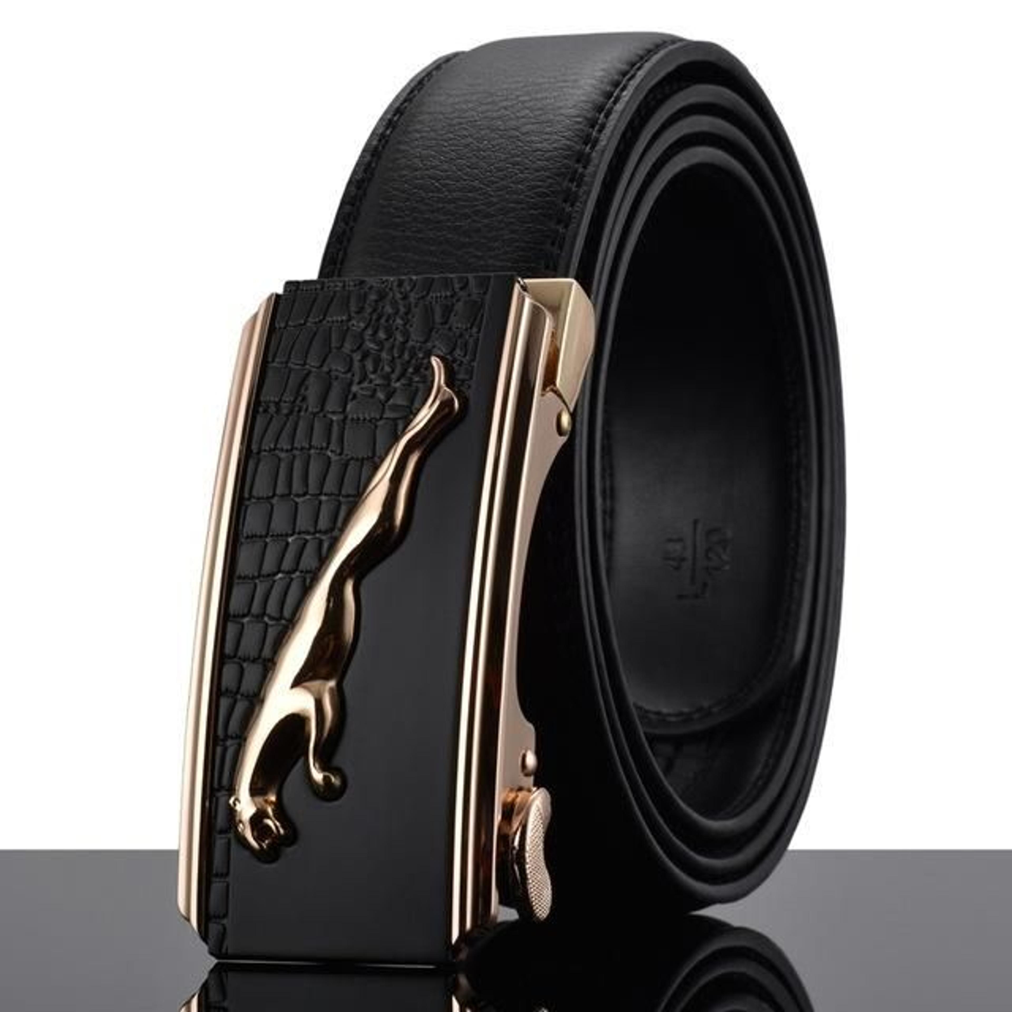 Designer Automatic Buckle Cowhide Leather Men's Luxury Belt 110cm-130cm - Smoke Black Silver / 110cm