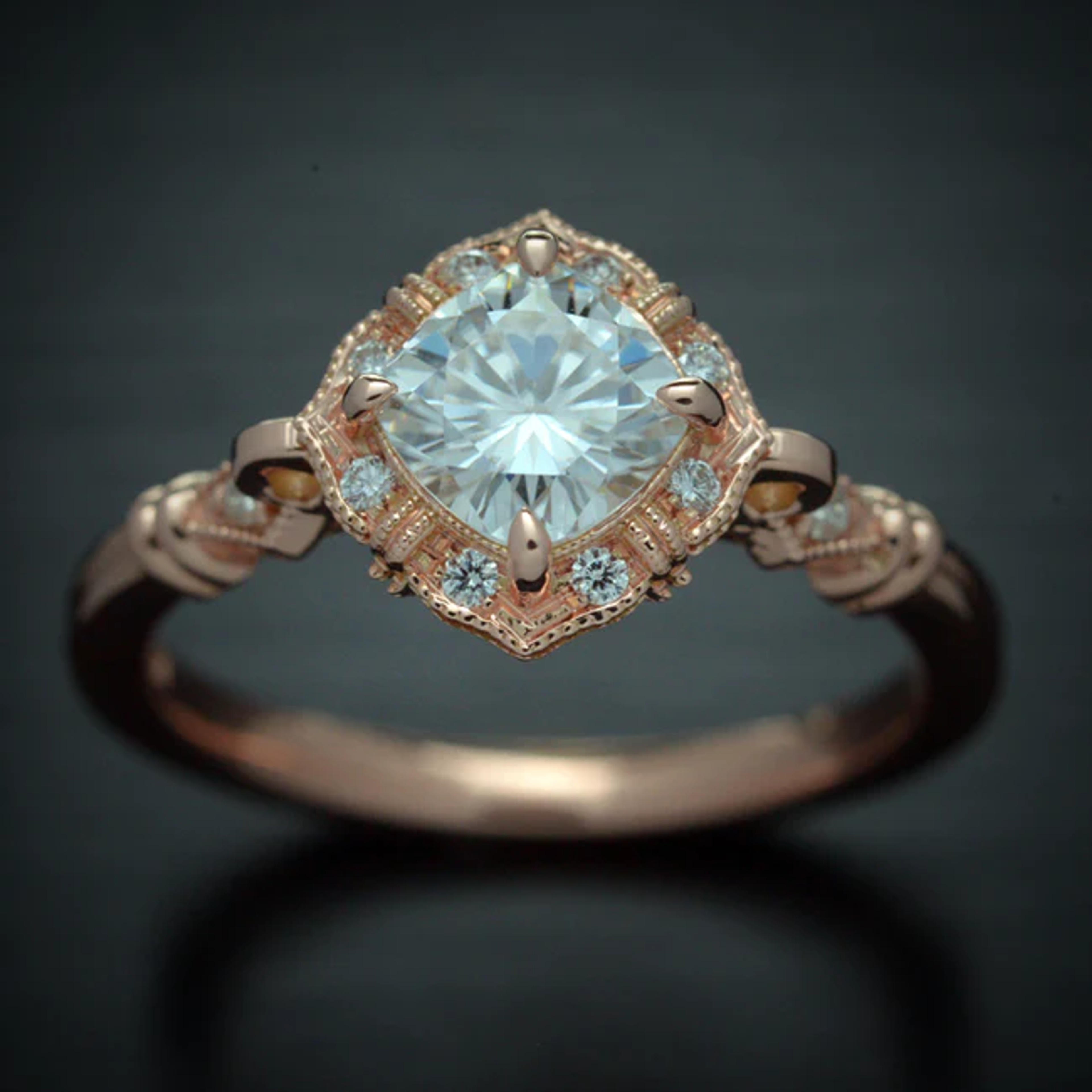 Cushion Inverted Halo Engagement Ring Vintage Inspired 14k