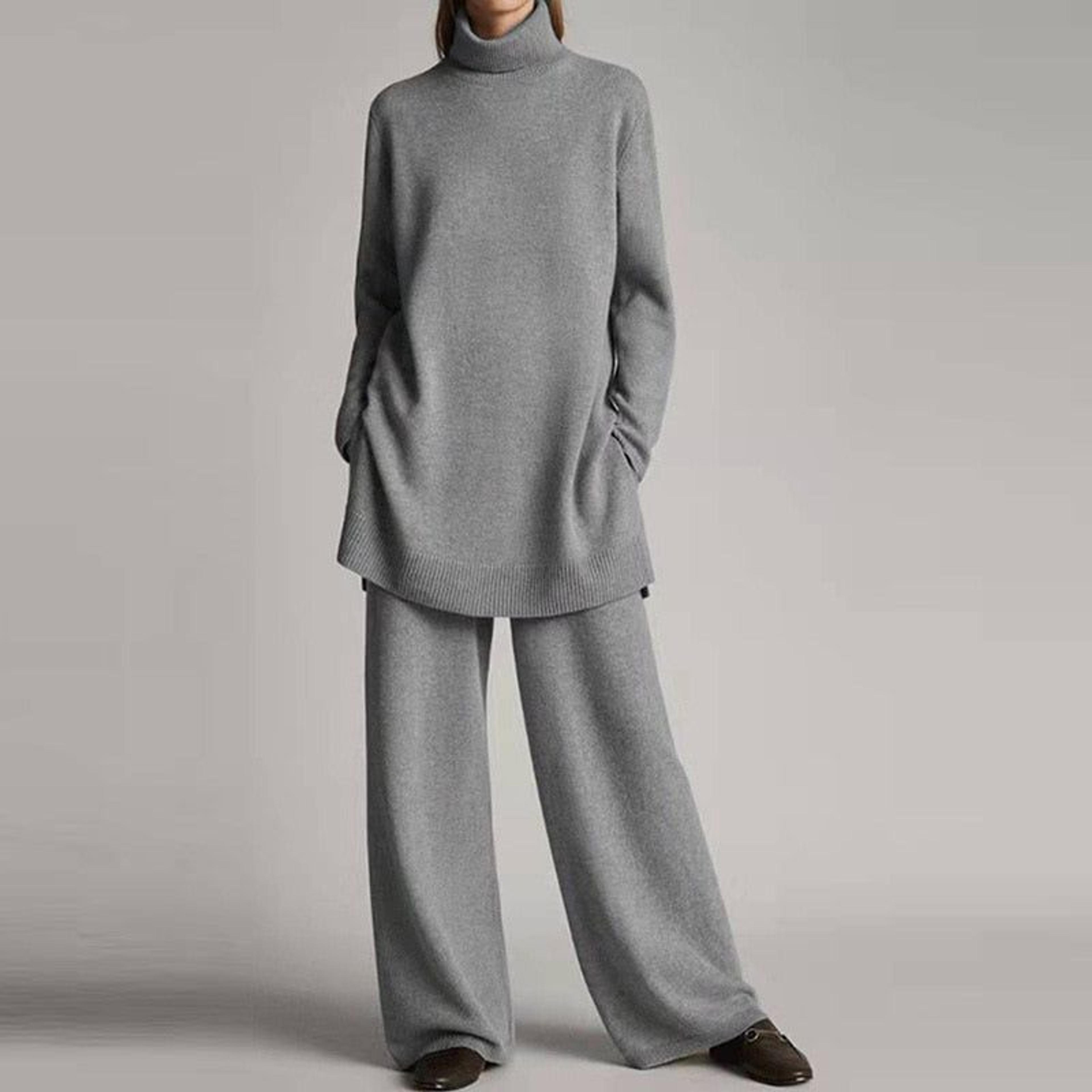 2 Piece Women's Loungewear Set - Loose Long Sleeve Turtleneck & Wide Leg Pants - 02 Gray / XXXL