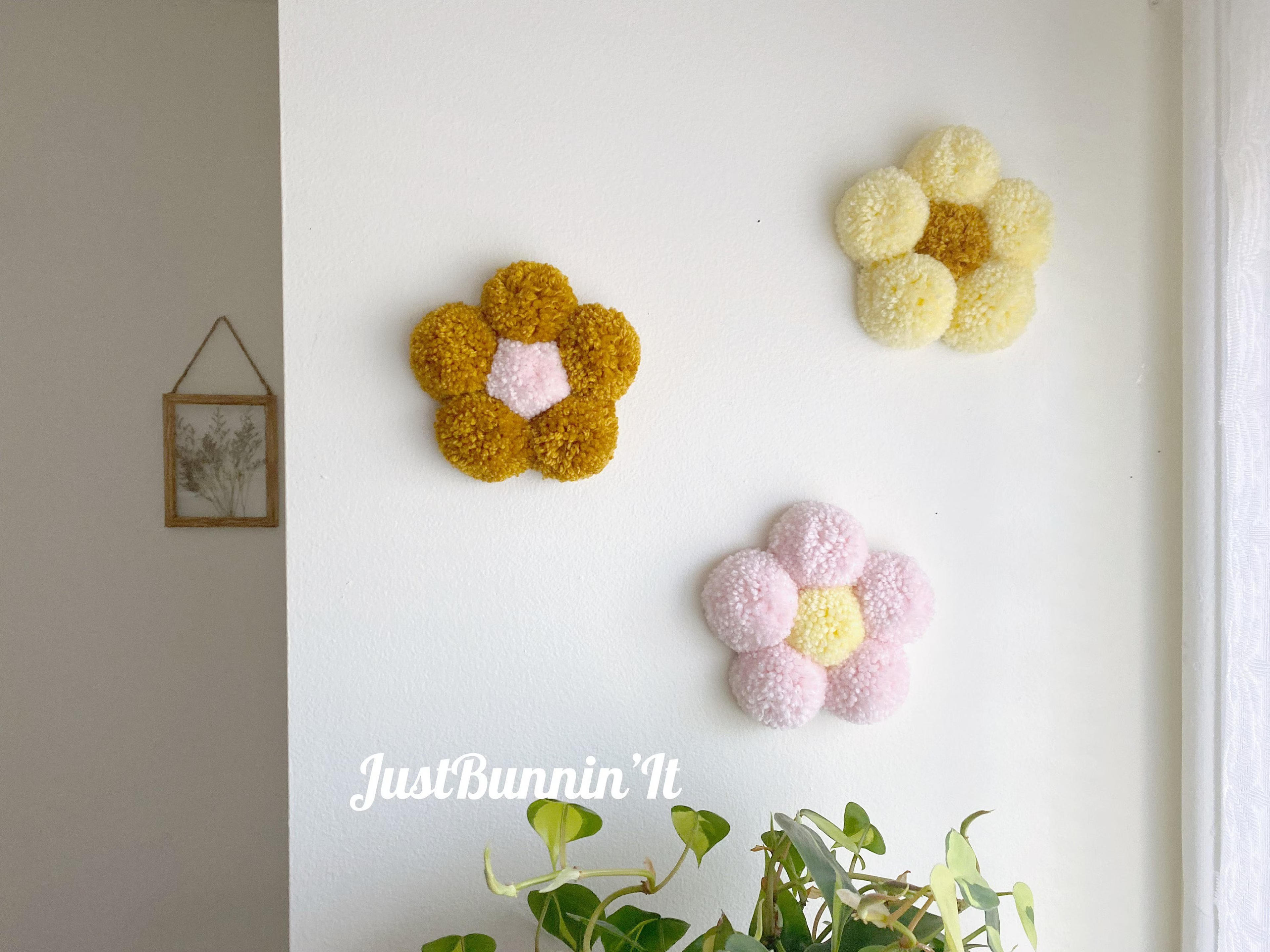 Boho Wall Decor Flowers The Original Pom Pom Flower Wall Hanging, Cozy Home Decor, 70s Decor, Boho Nursery Decor Girl, Retro Home Decor