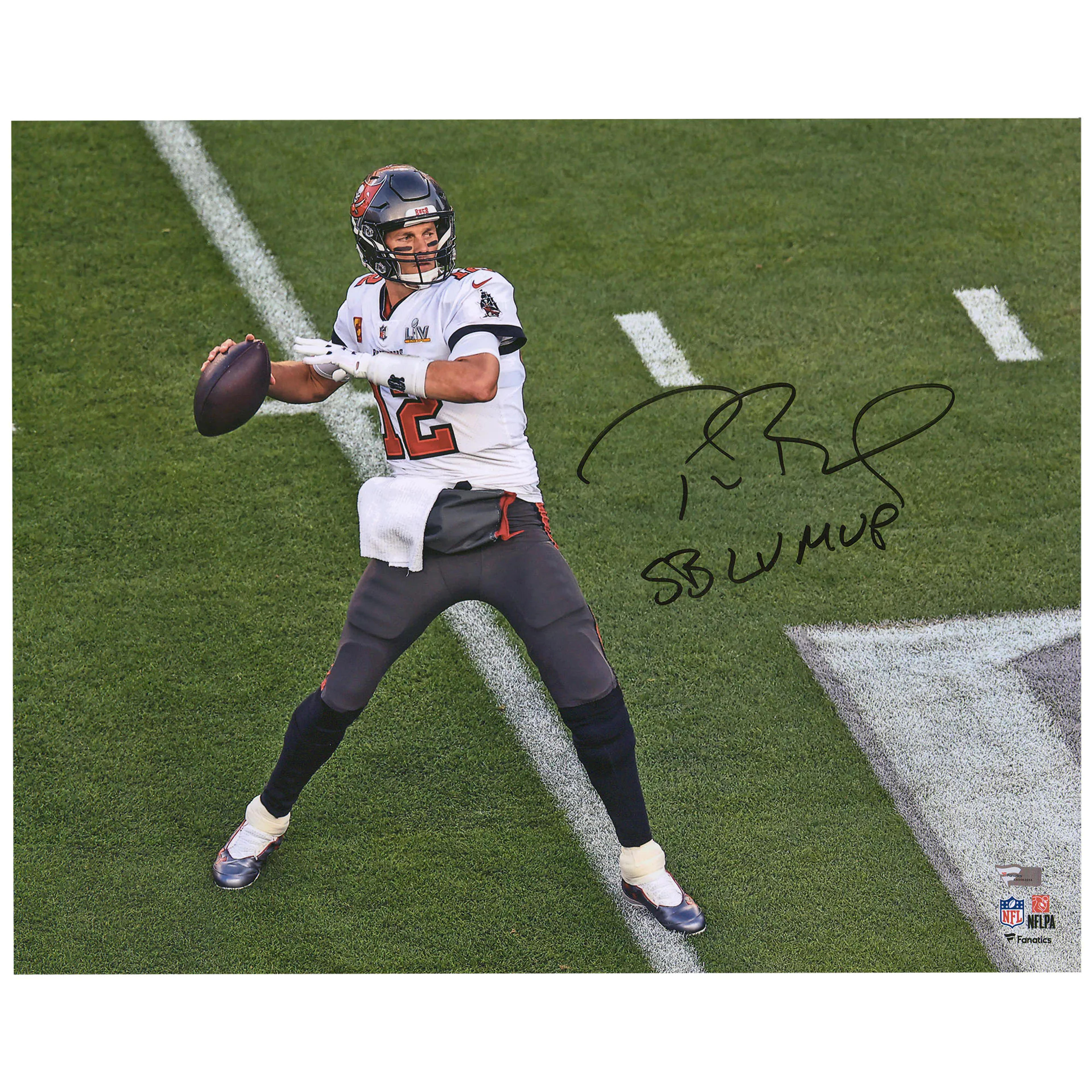 Autographed Tampa Bay Buccaneers Tom Brady Fanatics Authentic 16" x 20" Super Bowl LV Champions Super Bowl LV Action Photograph with "LV MVP" Inscription