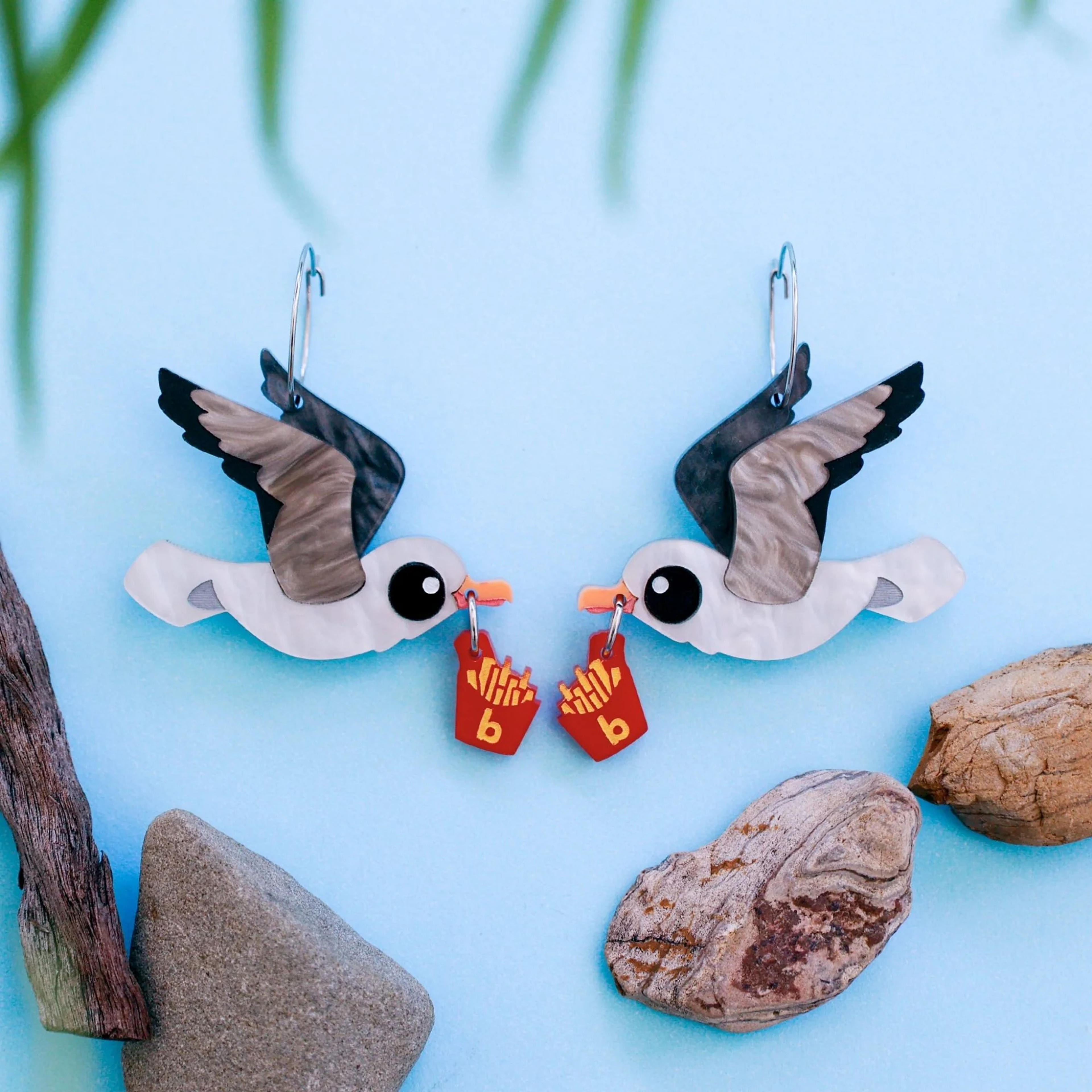 BINKABU | Seagull & Chips Earrings | Statement Acrylic Bird Earrings