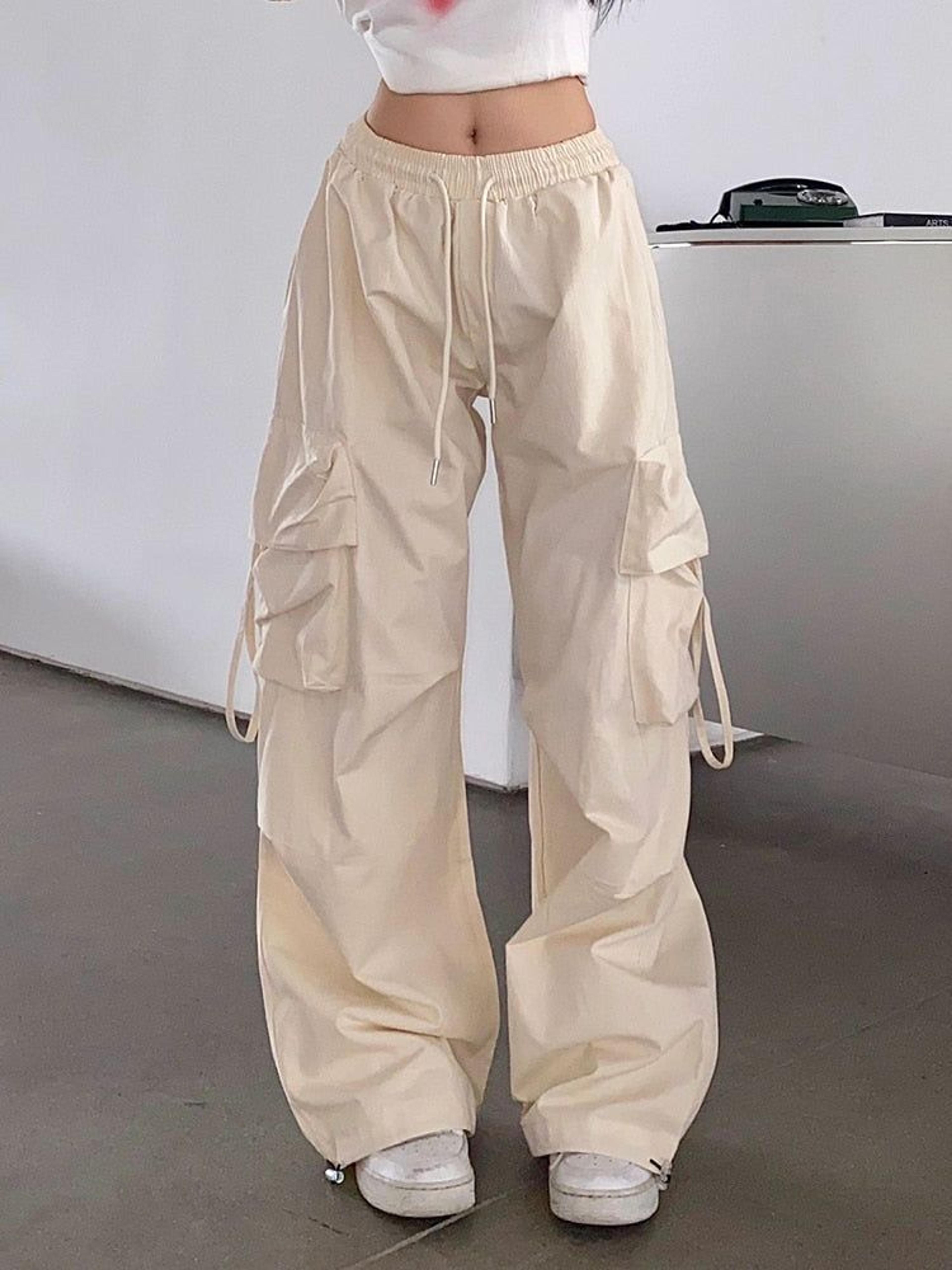 Hip Hop Y2K Cargo Pants Women Streetwear Harajuku Big Pockets Casual Trousers Korean Loose High Waist Design Solid Pants - Beige / M