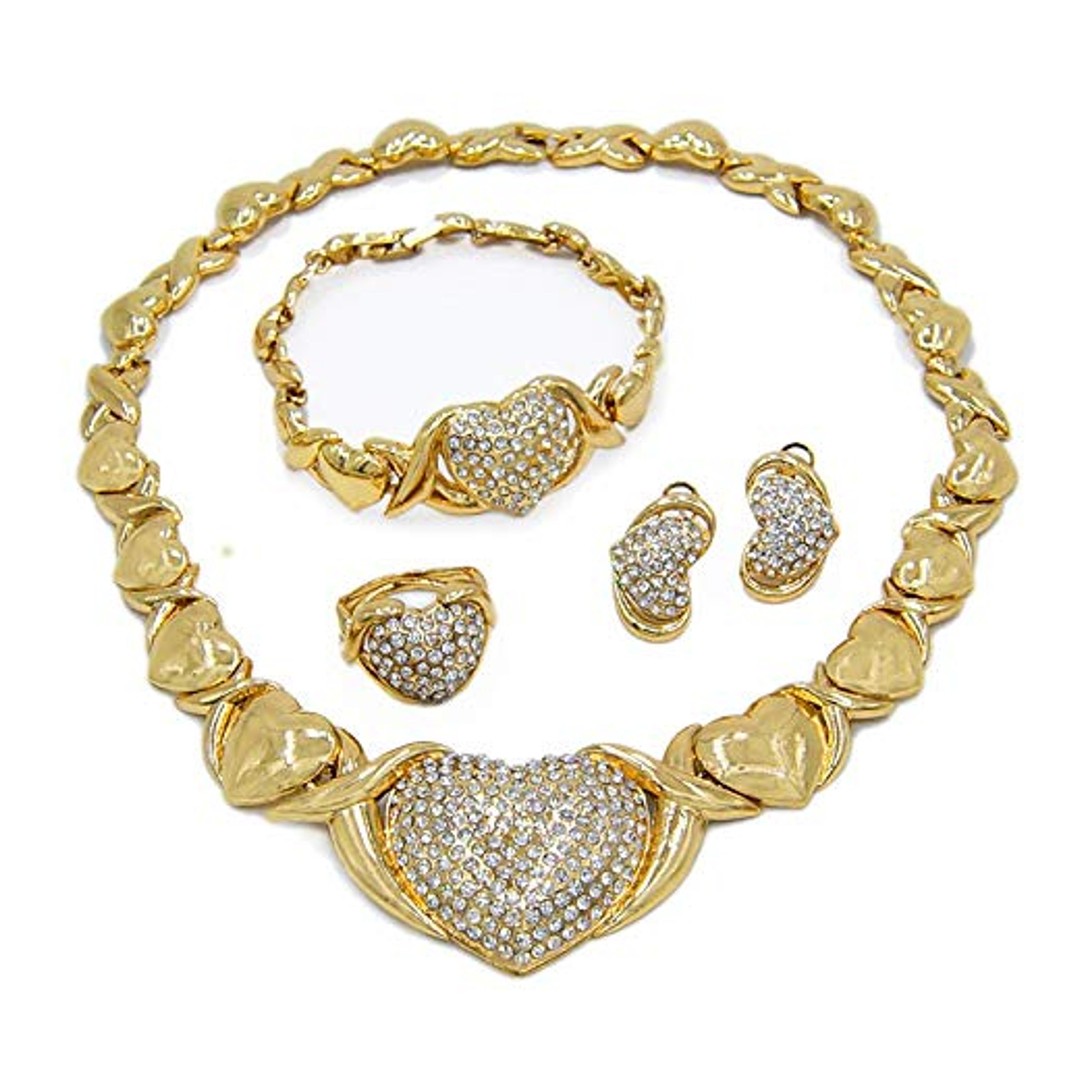 Women's Girls Hugs & Kisses XOXO 4 Pieces Necklace Set Big Heart Charm Includes Necklace Bracelet Earrings Ring Real Gold Plated Layered