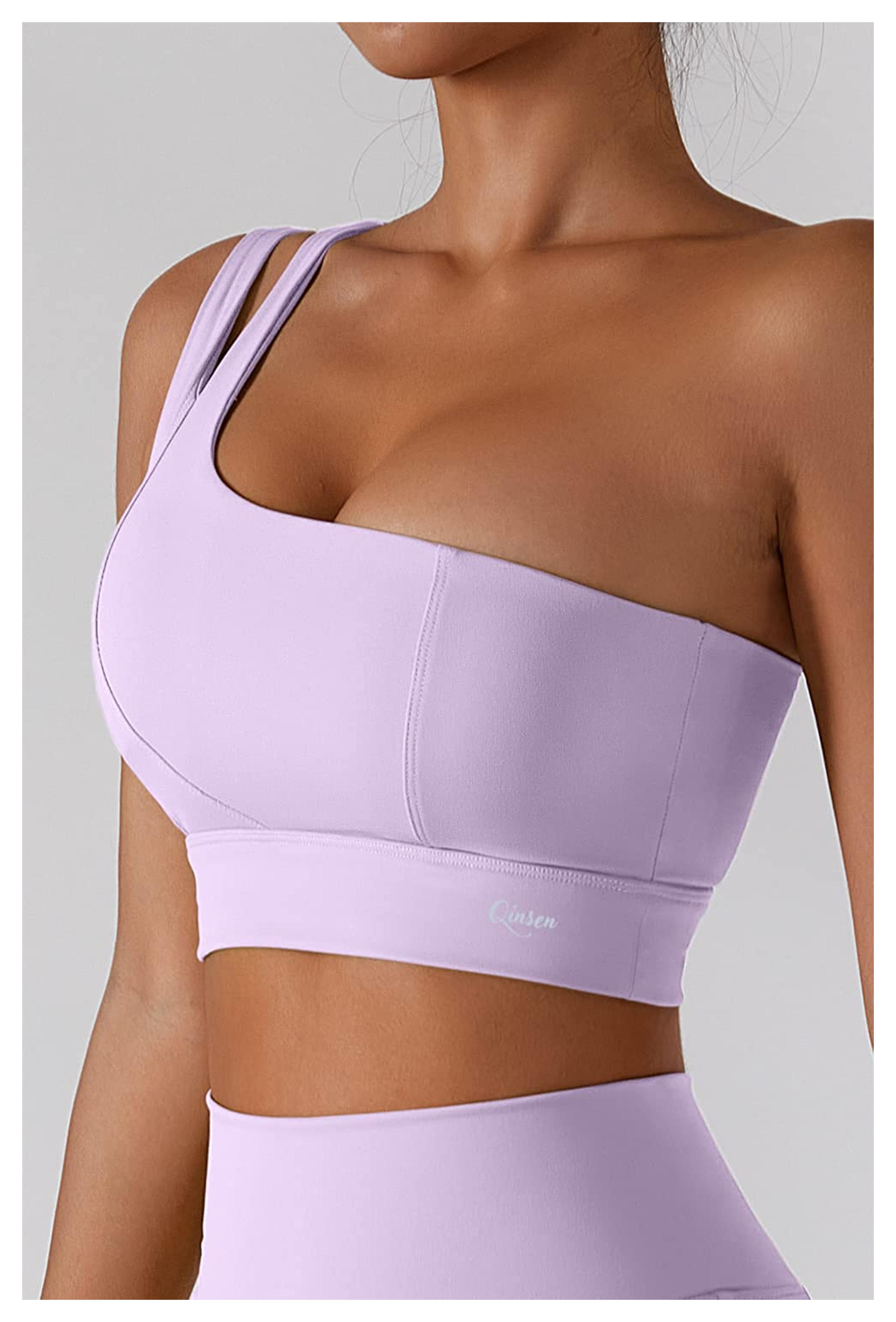 QINSEN Womens Cold Shoulder Bra Padded Sexy Removable Workout Athletic Tops Purple S at Amazon Women’s Clothing store