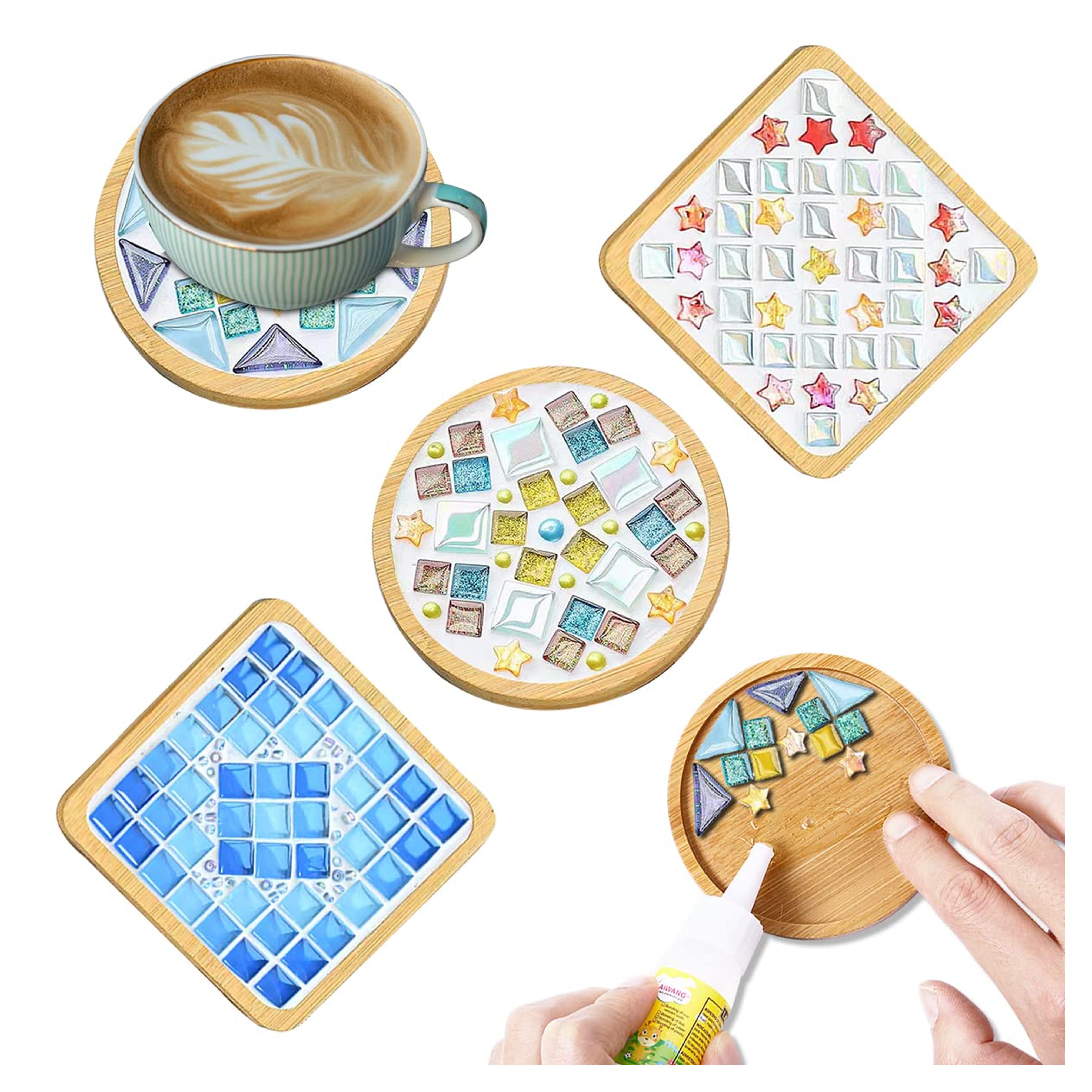 WATHFKCU 4 Sets DIY Glass Mosaic Tiles for Crafts,Mixed Color Mosaic Kits with Wooden Coaster for Adults,Mosaic Crafts Materials Package for Coaster Handmade Home Decor Gifts