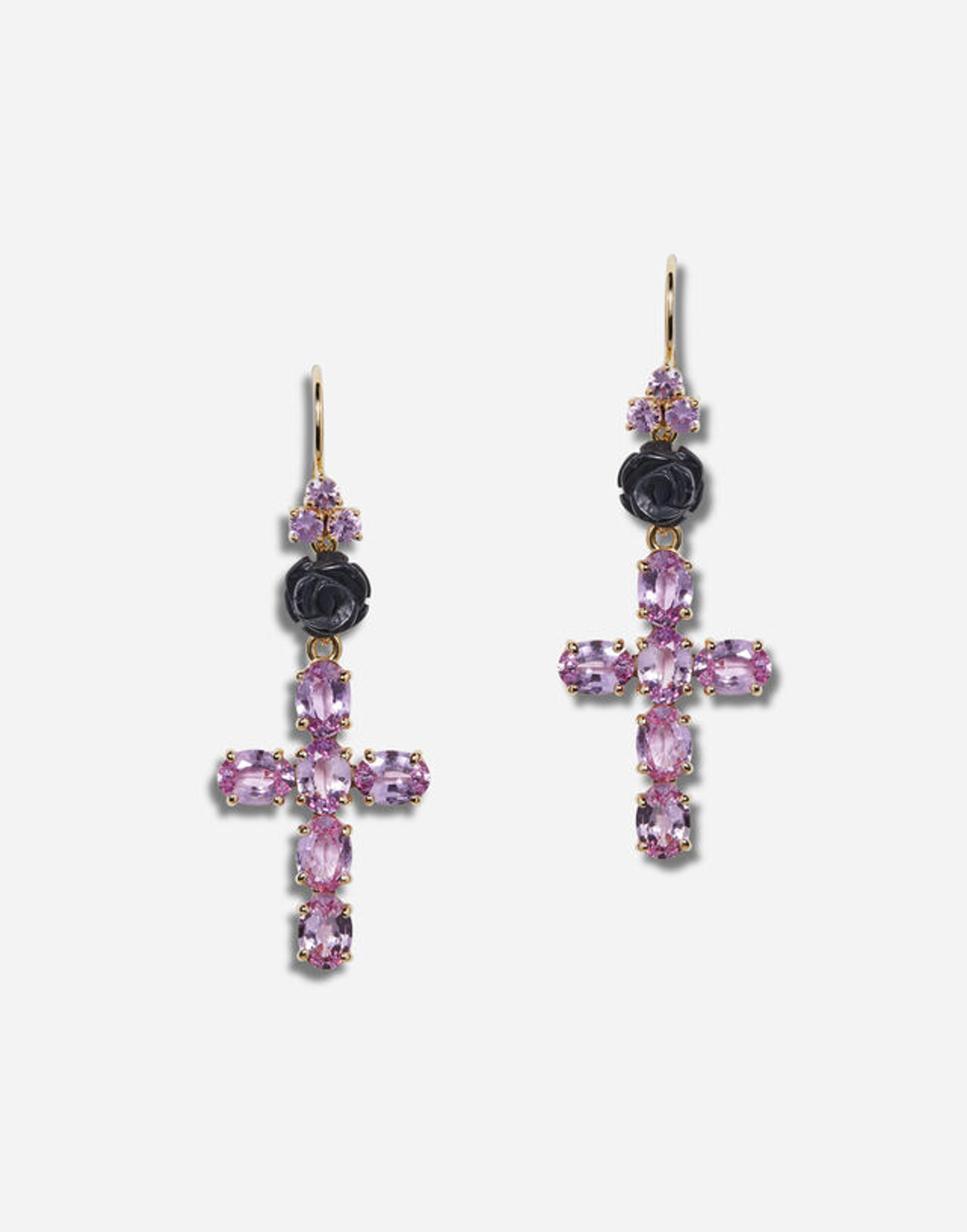 Family yellow gold earrings with rose and cross pendant in Gold for Women | Dolce&Gabbana®