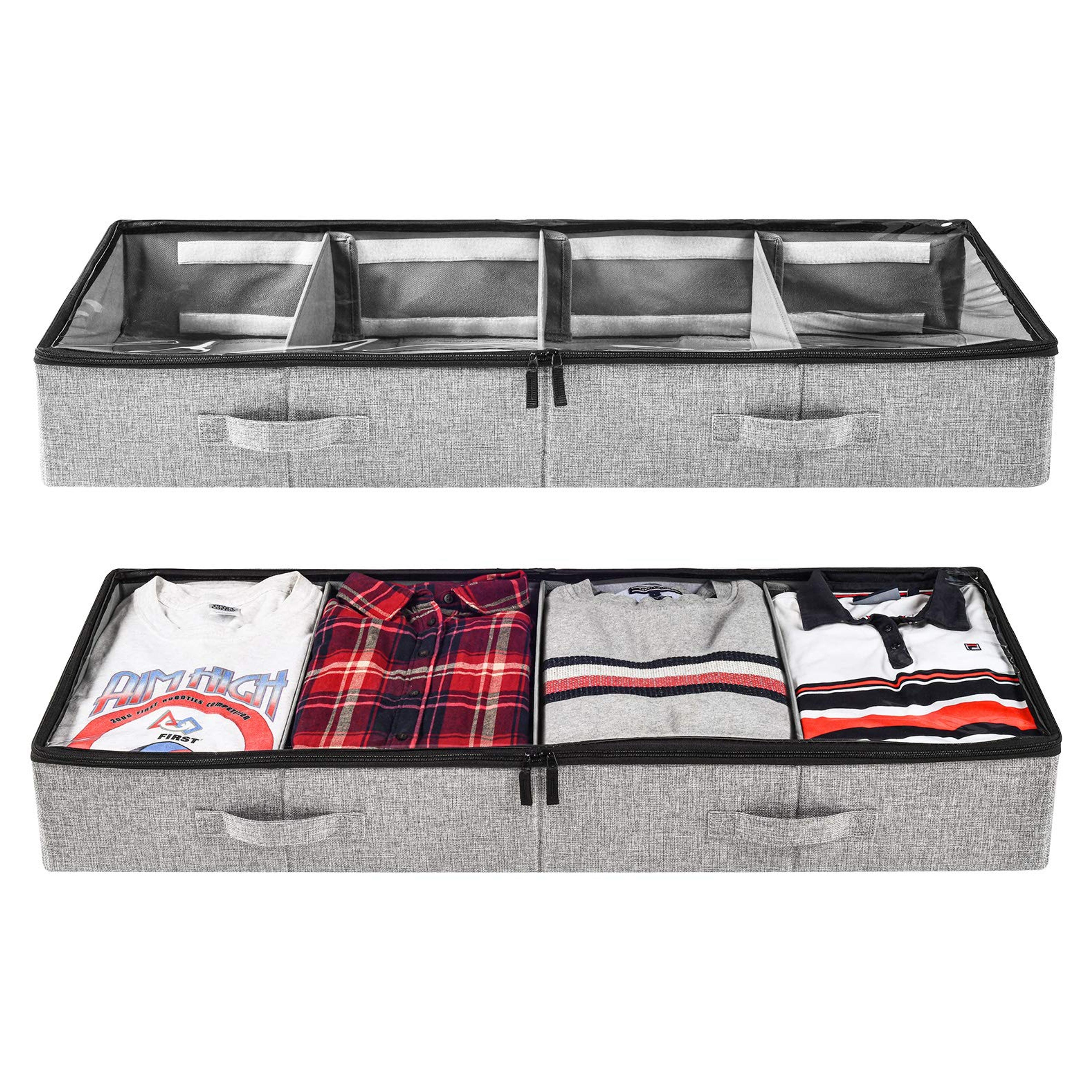 Under Bed Clothing Storage with Adjustable Dividers, for Sweaters, Shoes and Blankets, 39x14.5x6in, Set of 2