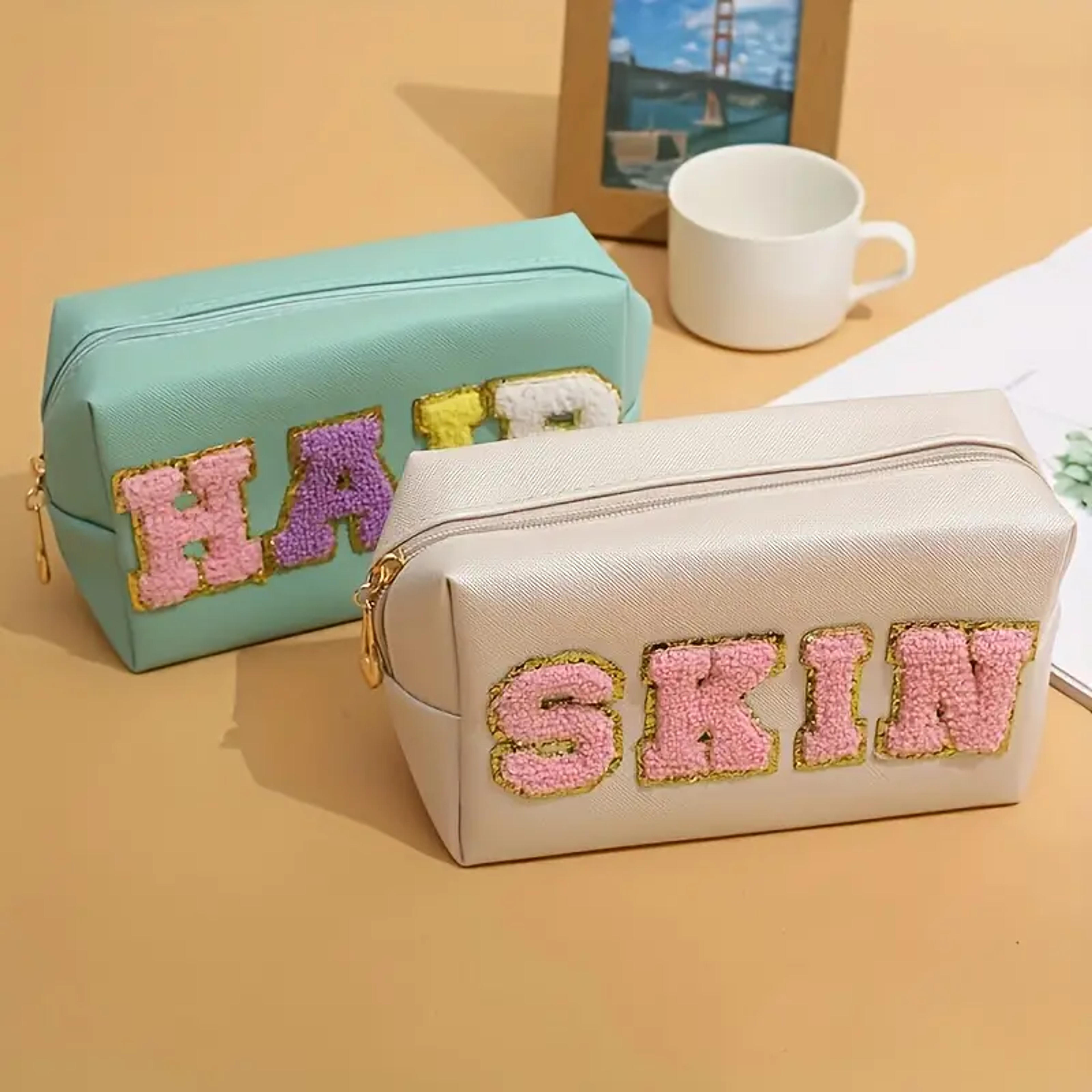 Chenille Letter Patch Preppy Makeup Bag Roomy Cosmetic - Temu