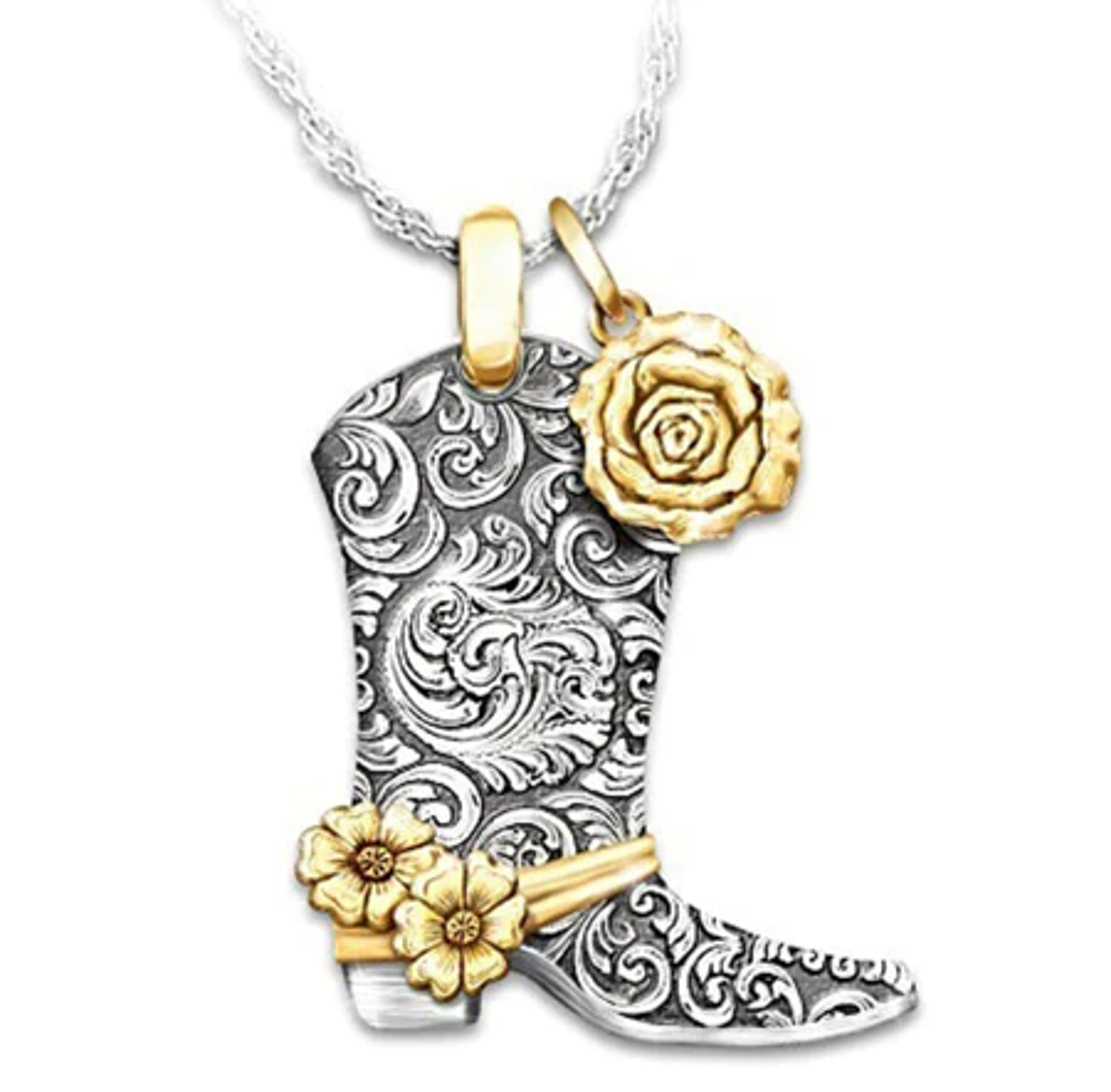 Vintage Western Totem Rose Flower Boots Necklace