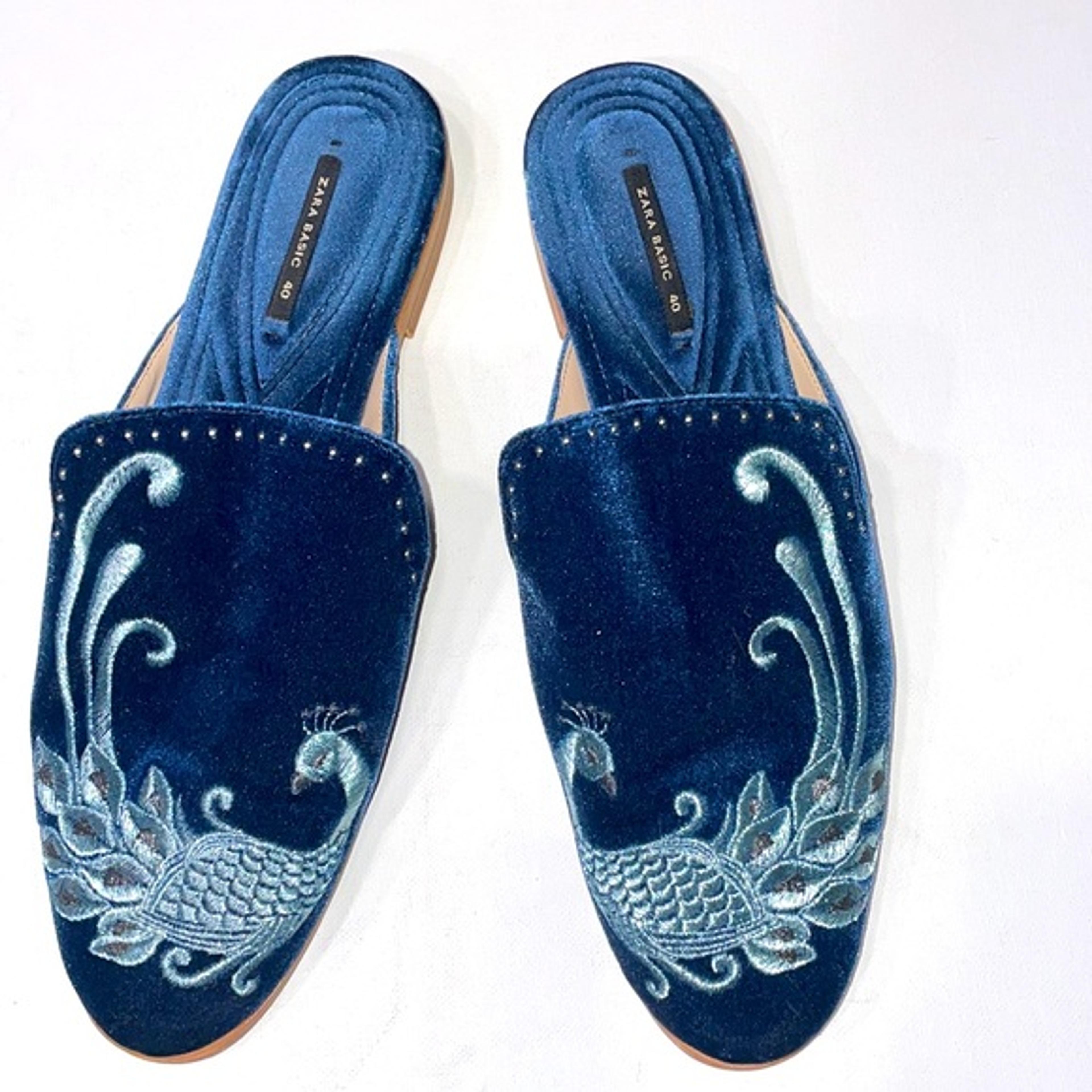 Zara | Shoes | Zara Dragon Embroidered Blue Velvet Mules Size 4 | Poshmark