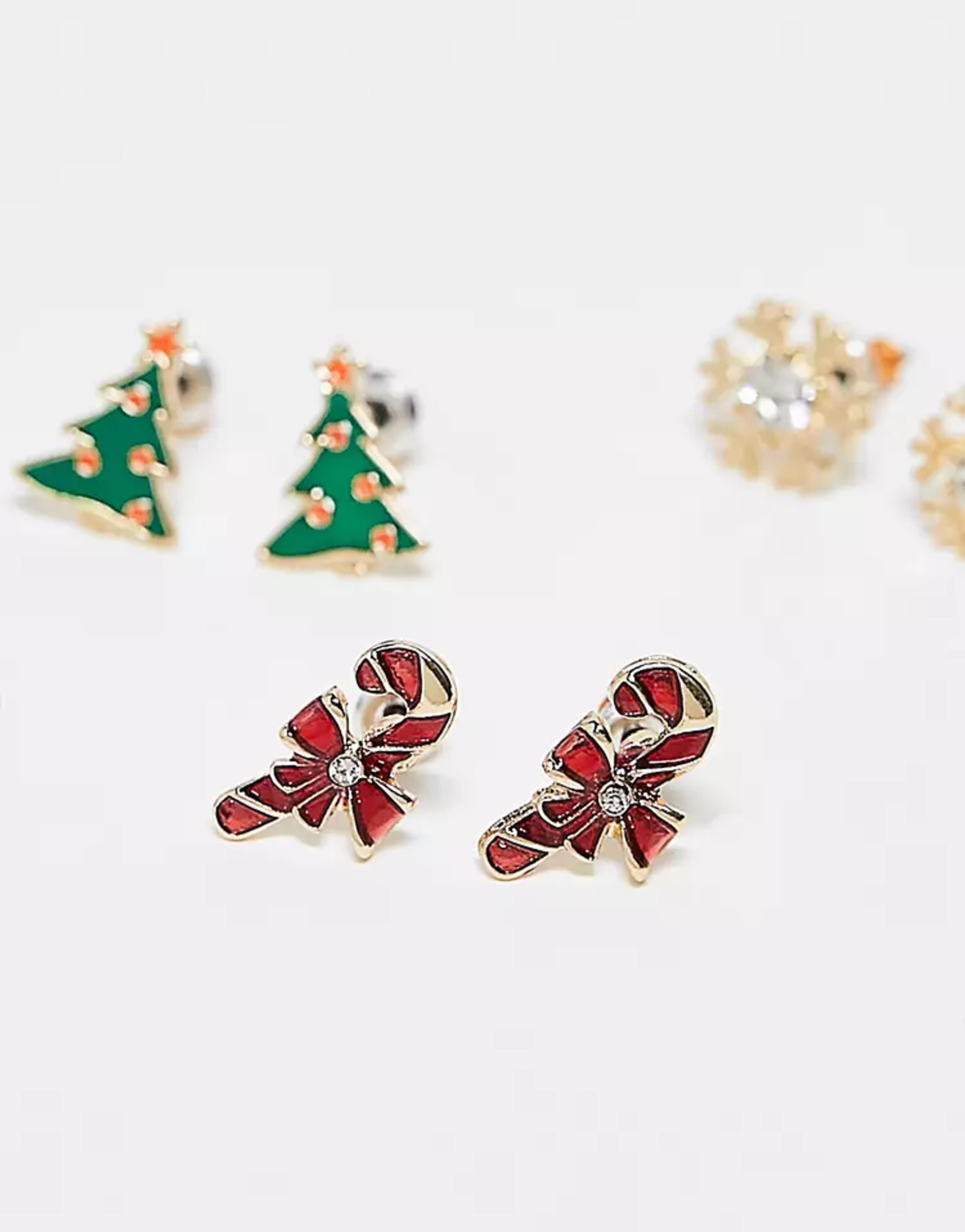 ASOS DESIGN Christmas pack of 4 novelty earrings with tree and candy cane design | ASOS