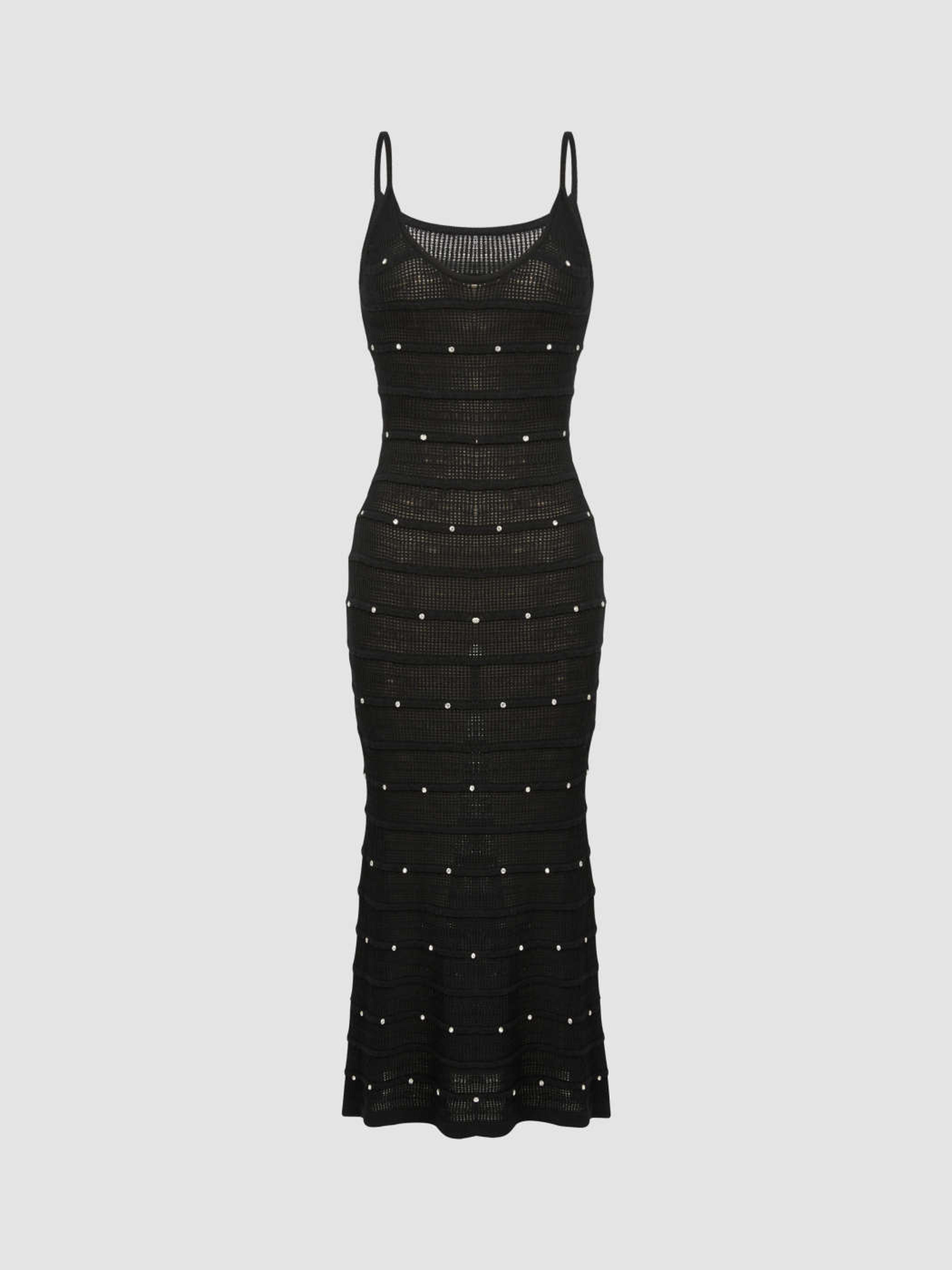 Knitted U-neck Rhinestone Midi Mermaid Dress - Cider