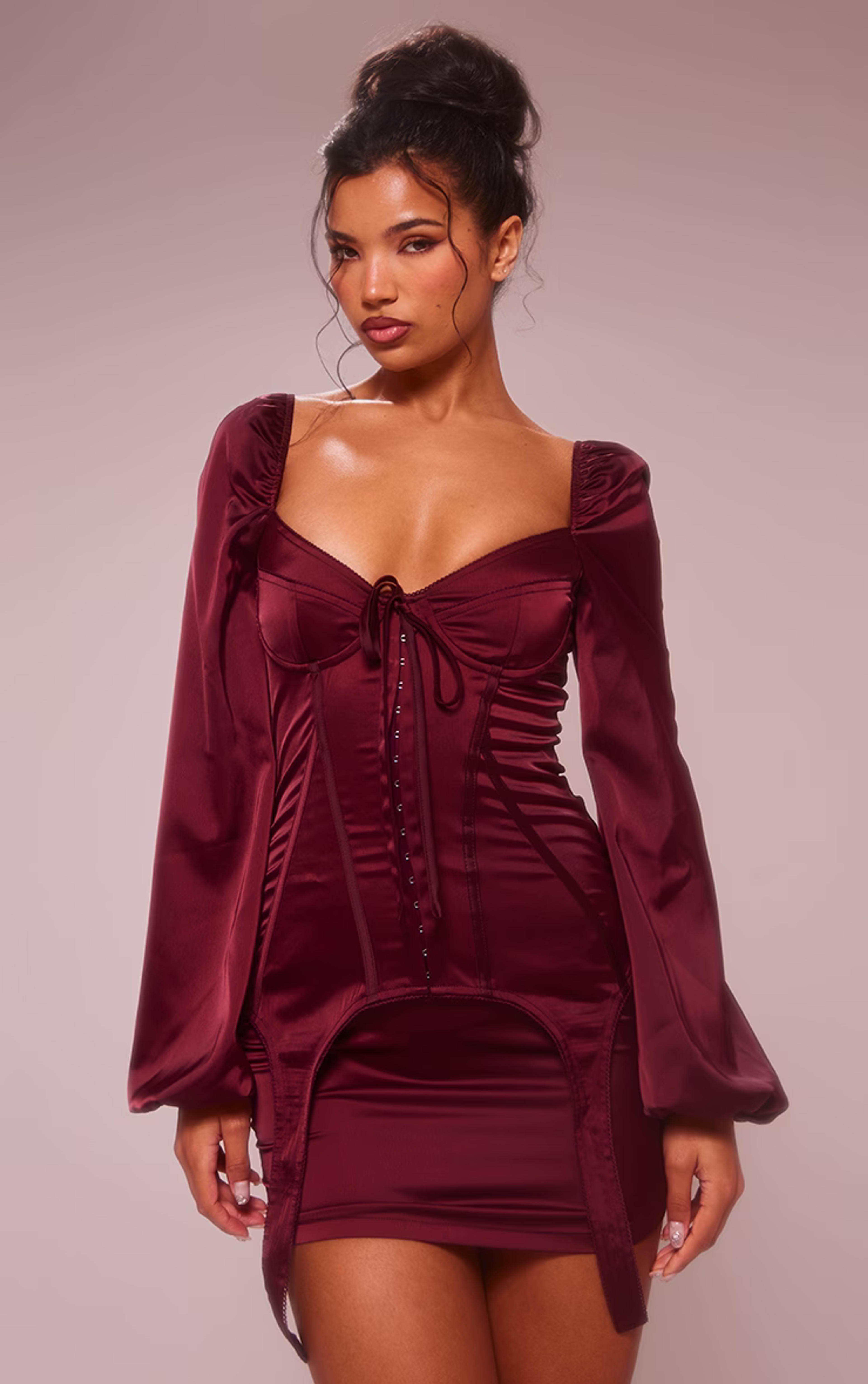 Cherry Red Satin Balloon Sleeve Cup Mini Dress