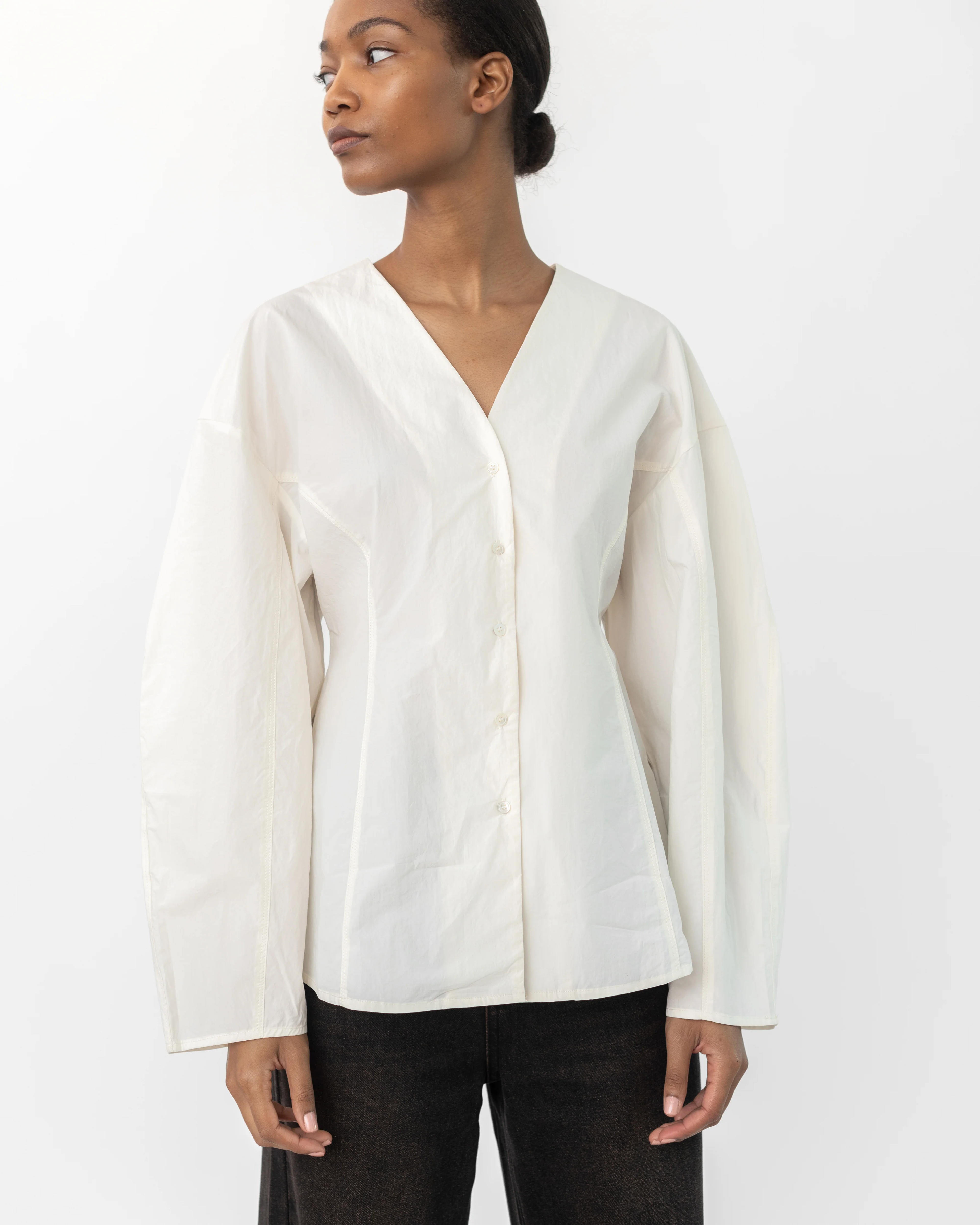 Ivory Round Seamed Button Down Long Sleeve Top