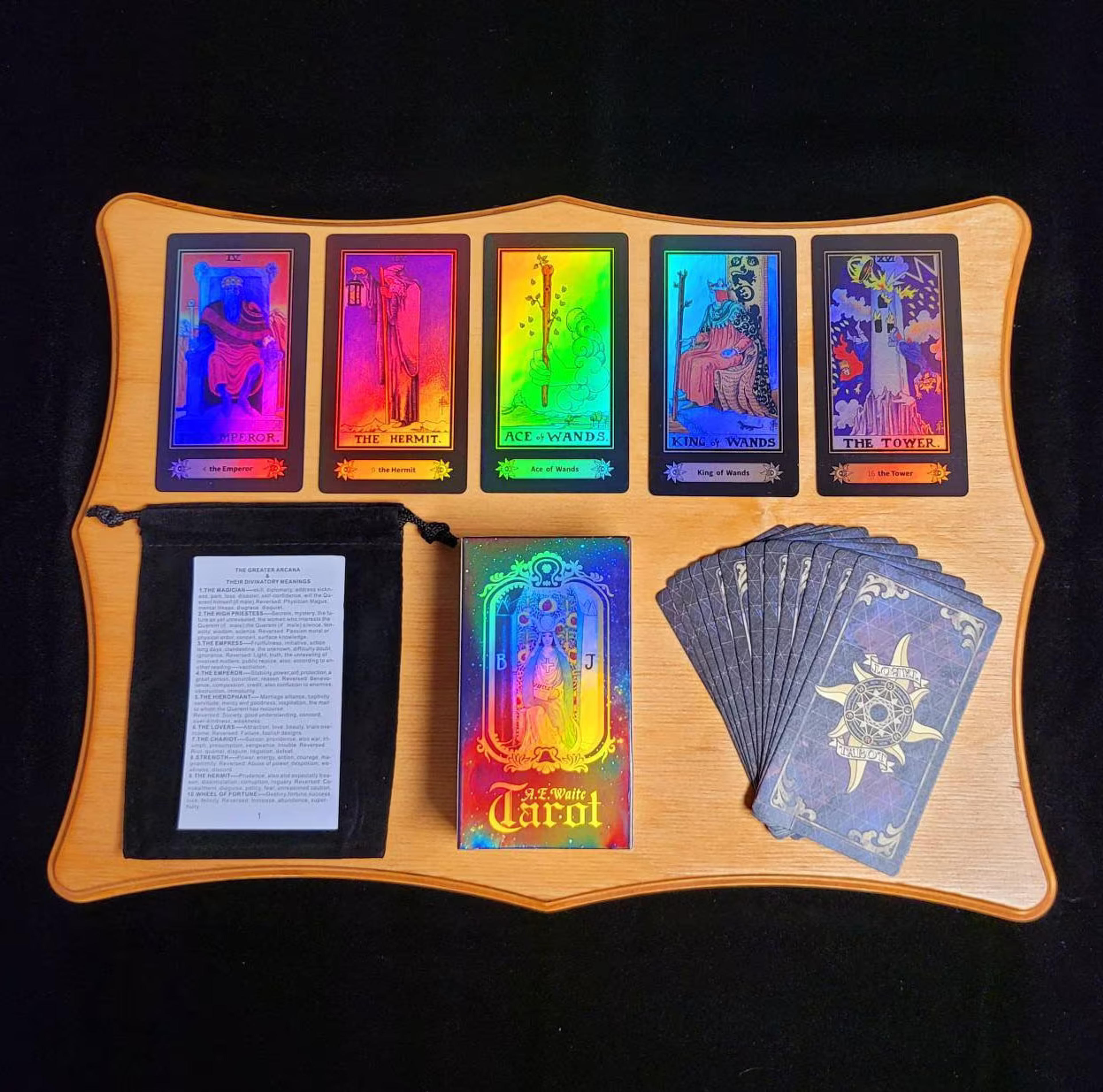 Tarot Card Deck Holographic A.E. Rider-Waite with Instruction Booklet, 78 Cards, Black Velvet Bag, Quartz Crystal, Beginner Gift Set