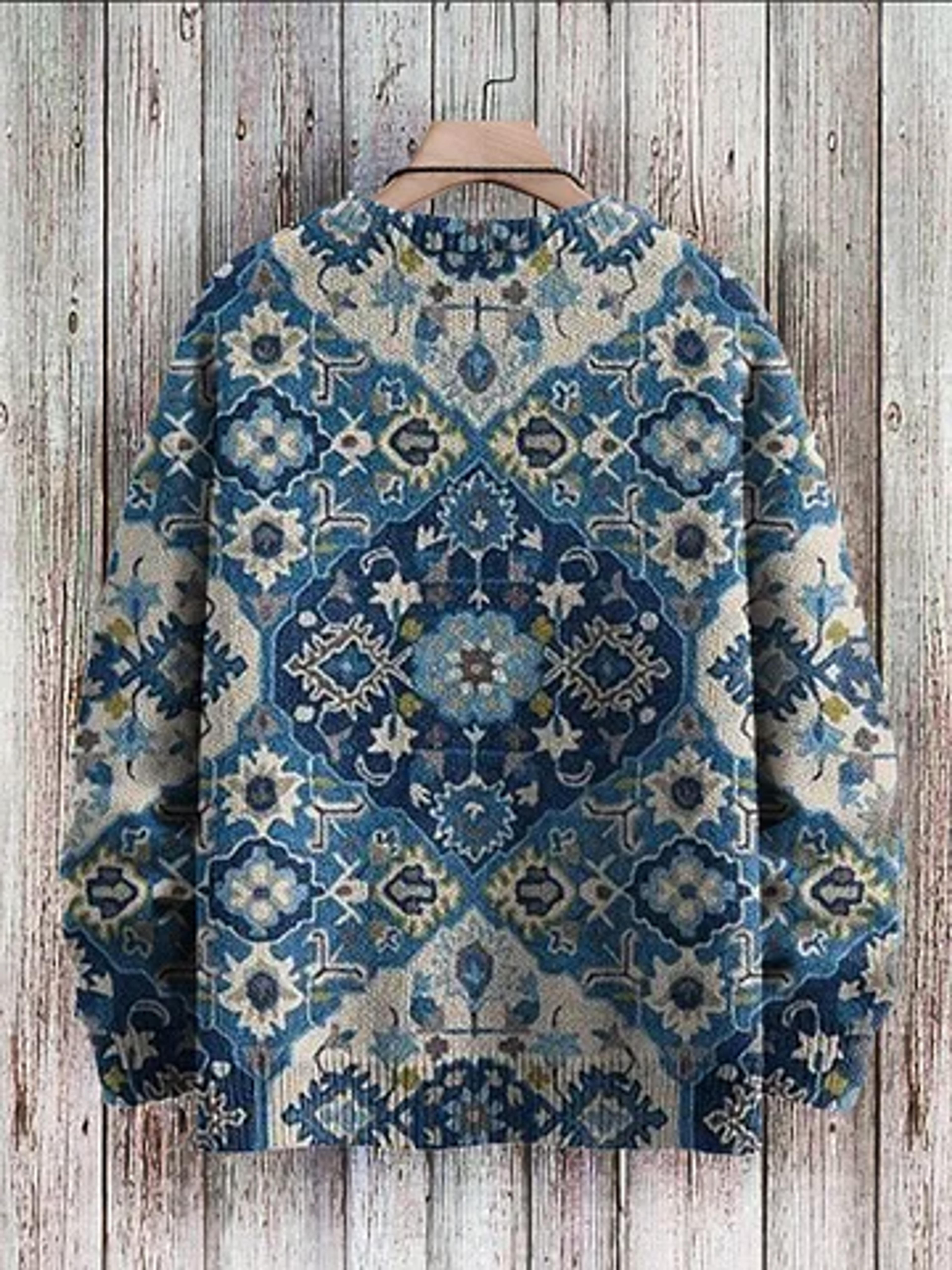 Vintage Blue Pattern Geometry Art Casual Print Pullover Knitted Sweater