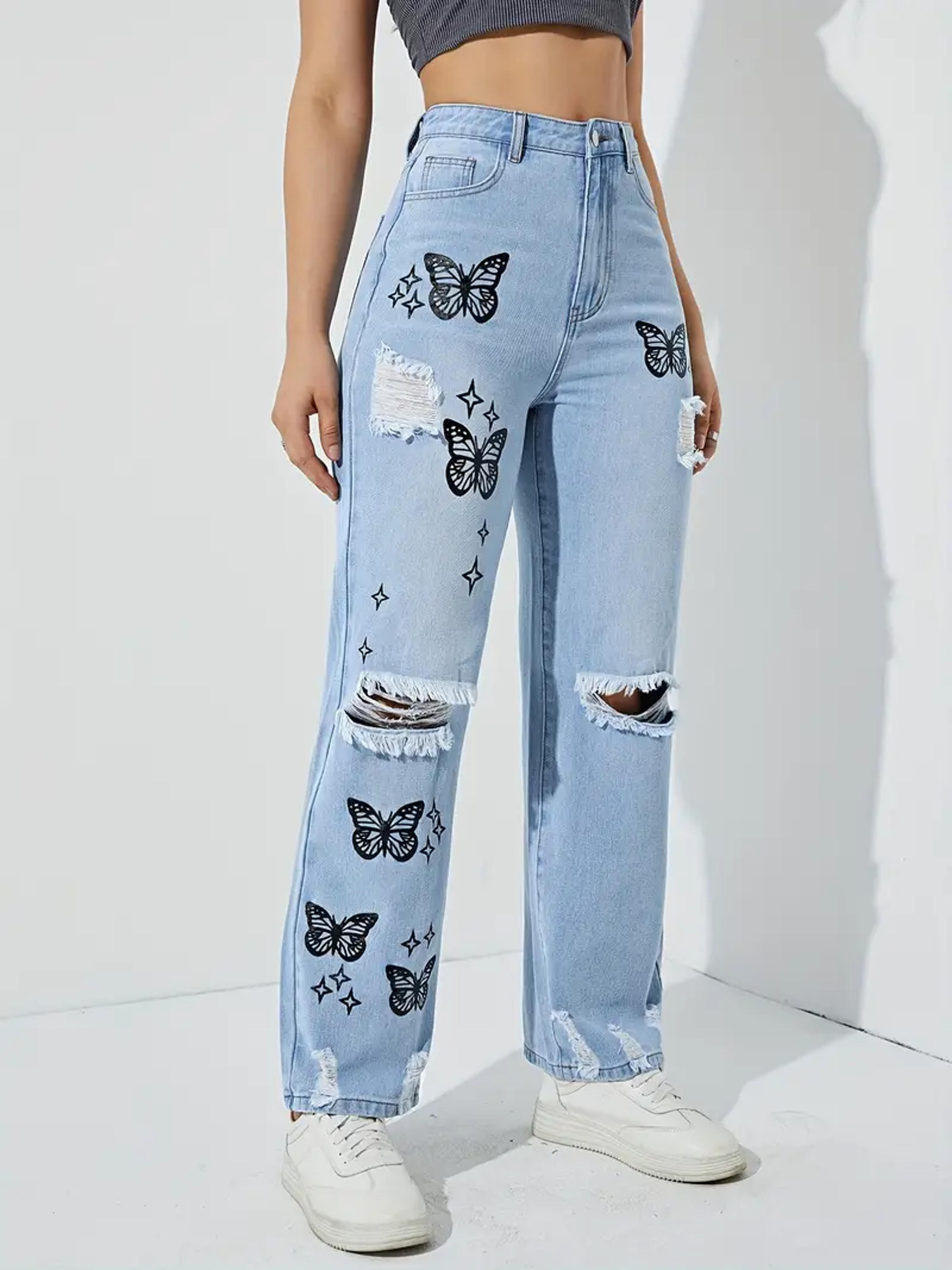 Bleach Wash Ripped Detail Butterfly Jeans, Star Print Distressed High Rise Mom Jeans, Women's Denim Jeans & Clothing - Temu Australia