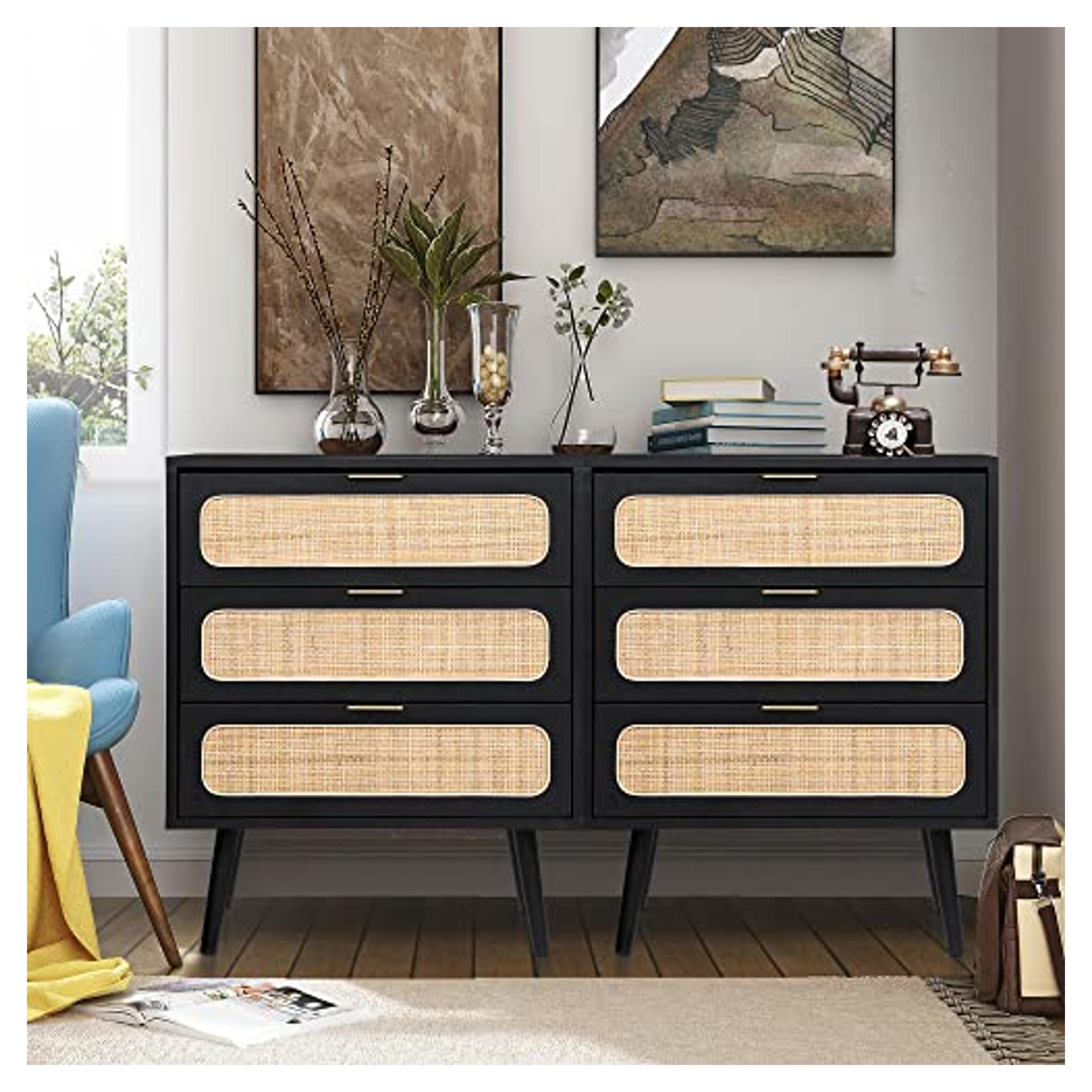 Amazon.com: RARZOE 2 Sets of Rattan Nightstand Dresser Chest of 3 Drawers, Wood Storage Dresser Cabinet Organizer Unit for Bedroom Living Room Closet Office(Black) : Home & Kitchen