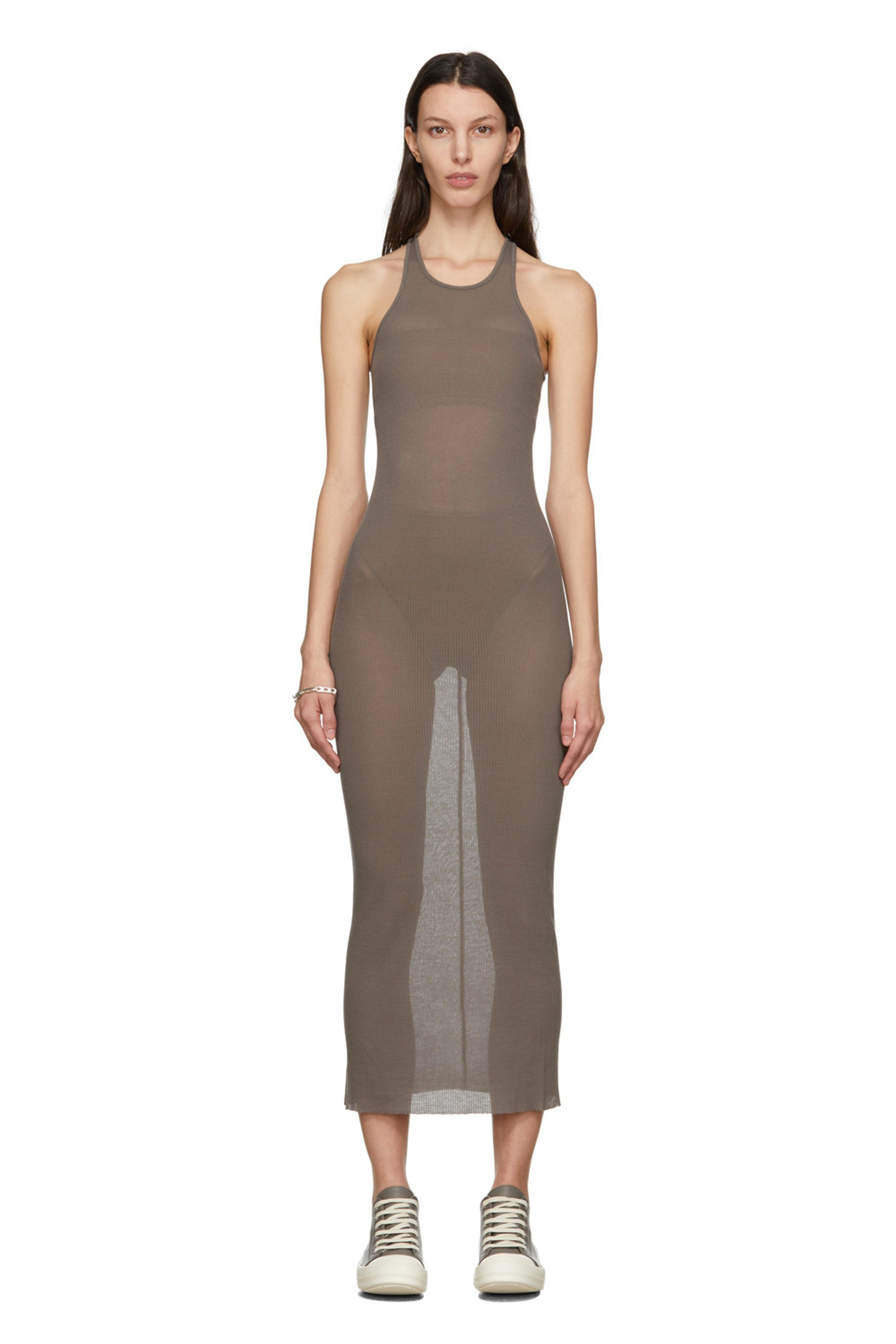 Taupe Rib Knit Tank Long Dress by Rick Owens on Sale