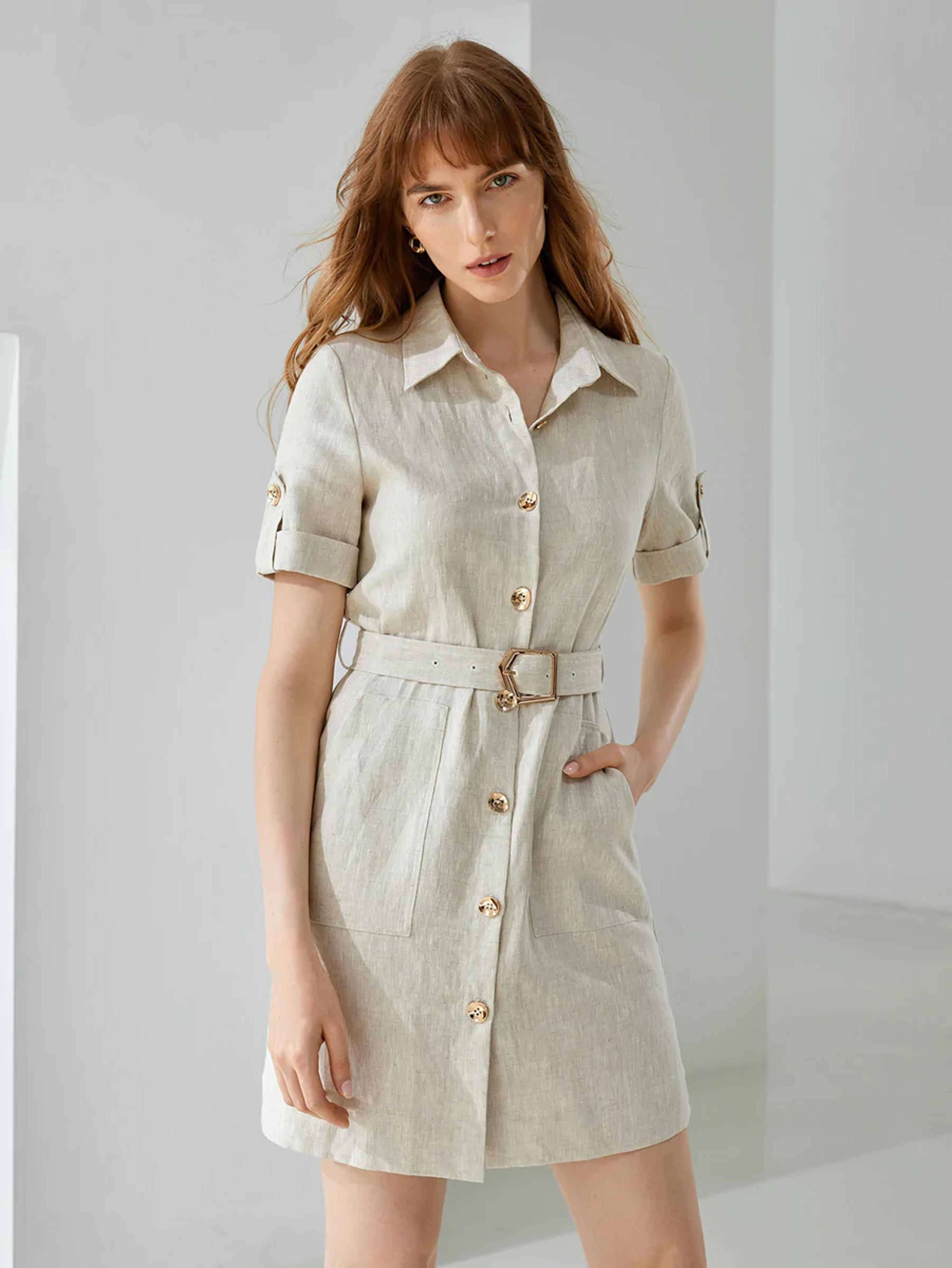 MOTF X Brooks Nader 100% LINEN METAL BUCKLE BELTED DRESS