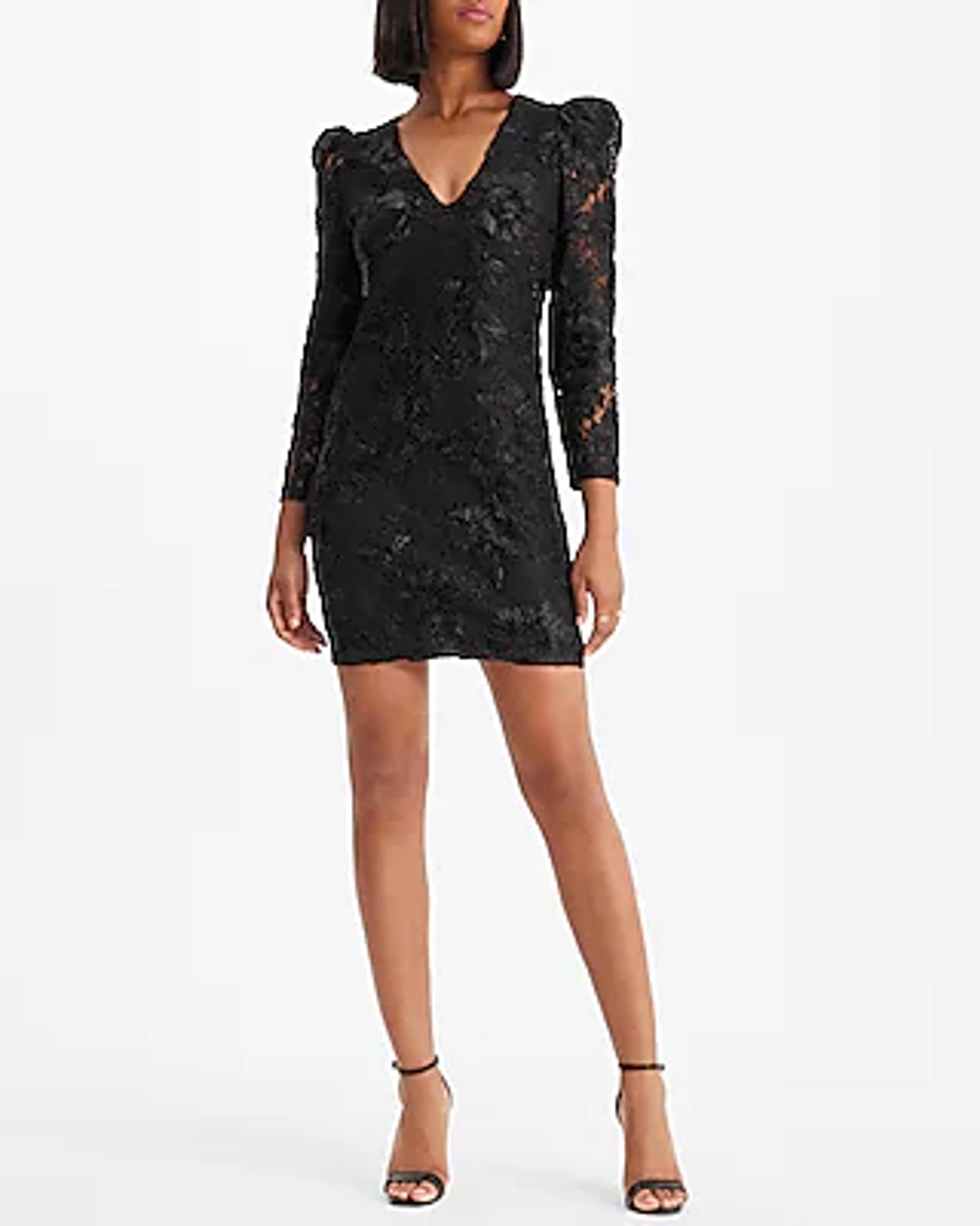 Lace V-neck Puff Sleeve Mini Sheath Dress | Express