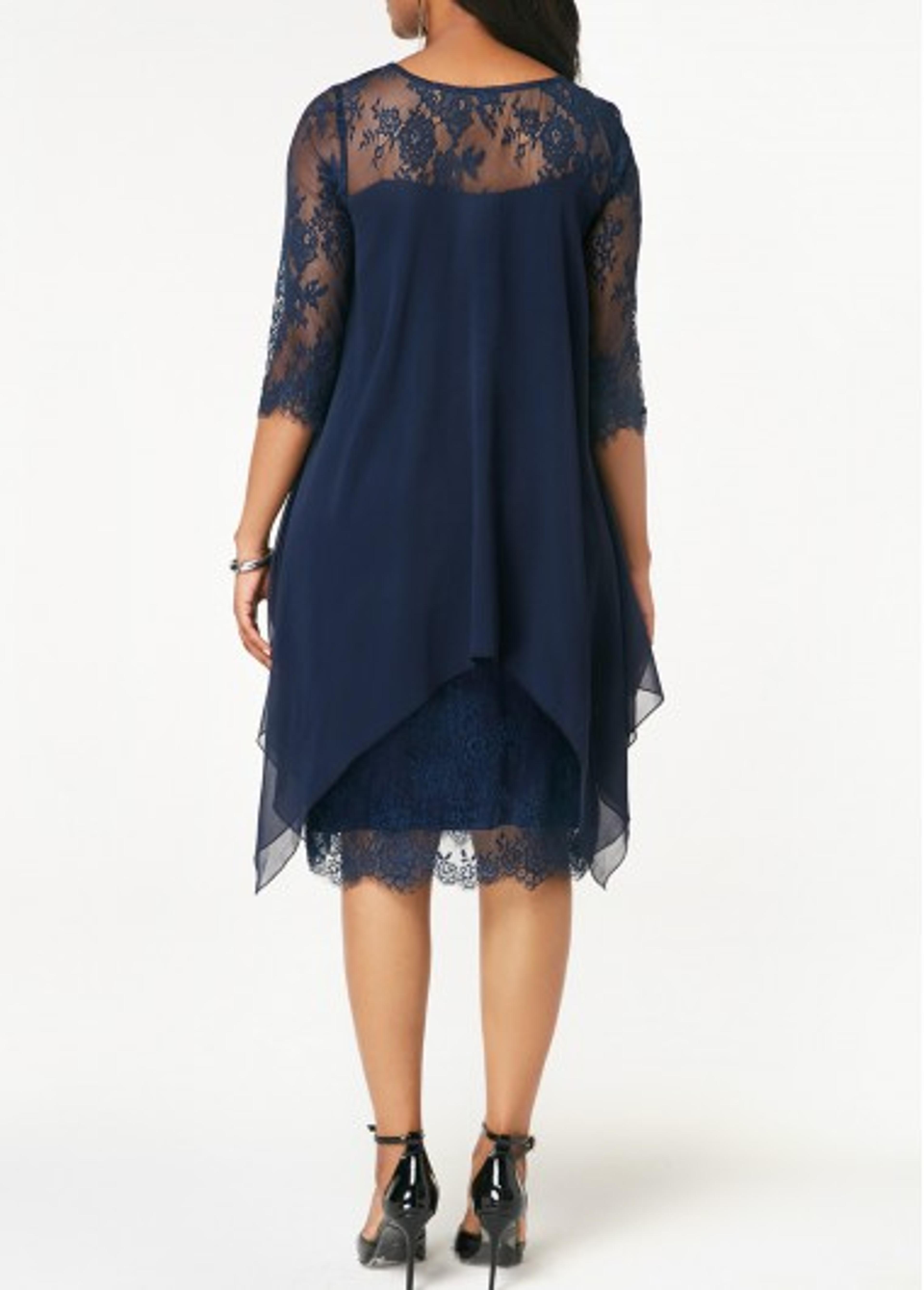 ROTITA Three Quarter Sleeve Chiffon Overlay Navy Blue Lace Dress | Rotita.com - USD $39.98