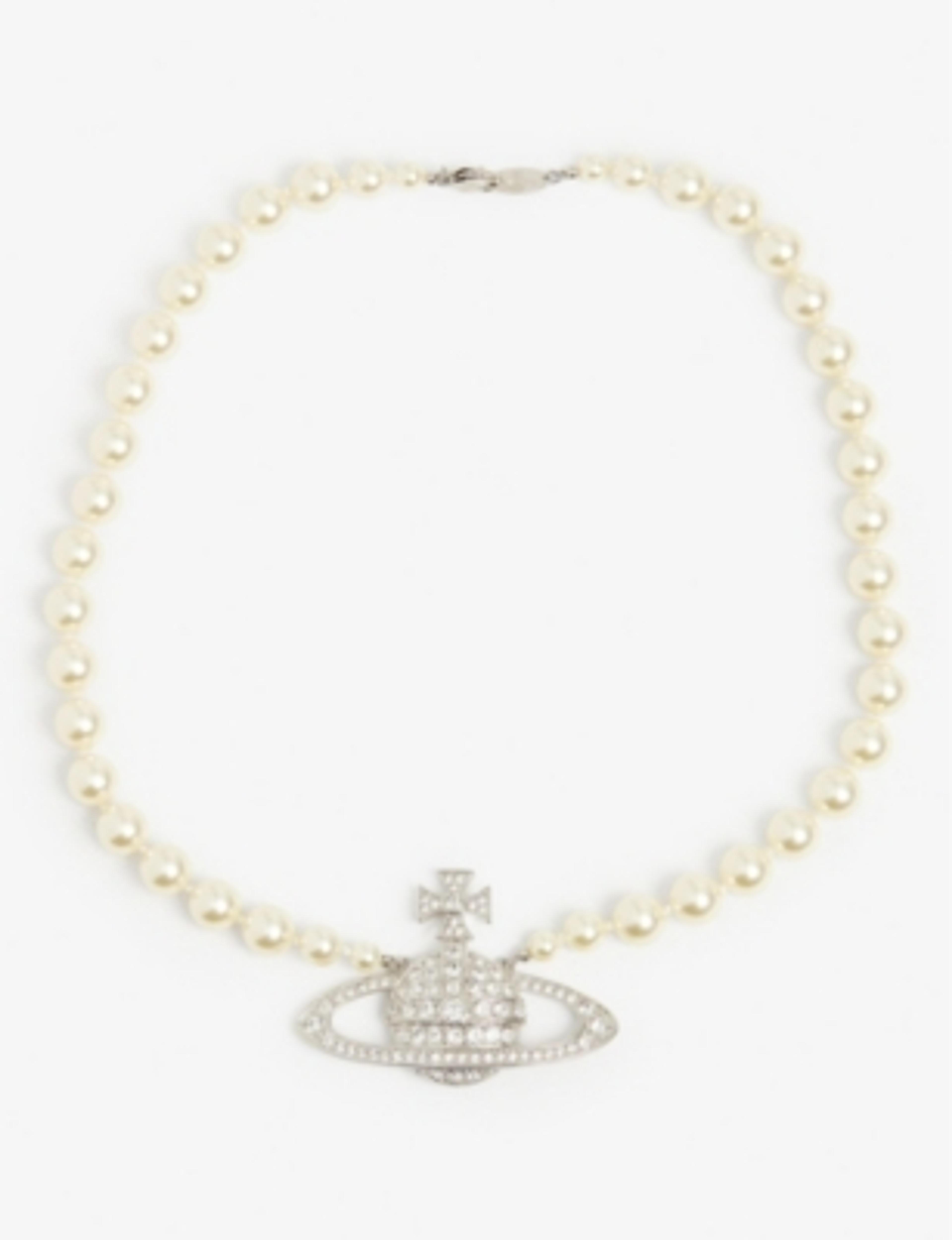 VIVIENNE WESTWOOD Bas Relief orb-pendant brass, Swarovski crystals and pearl necklace
