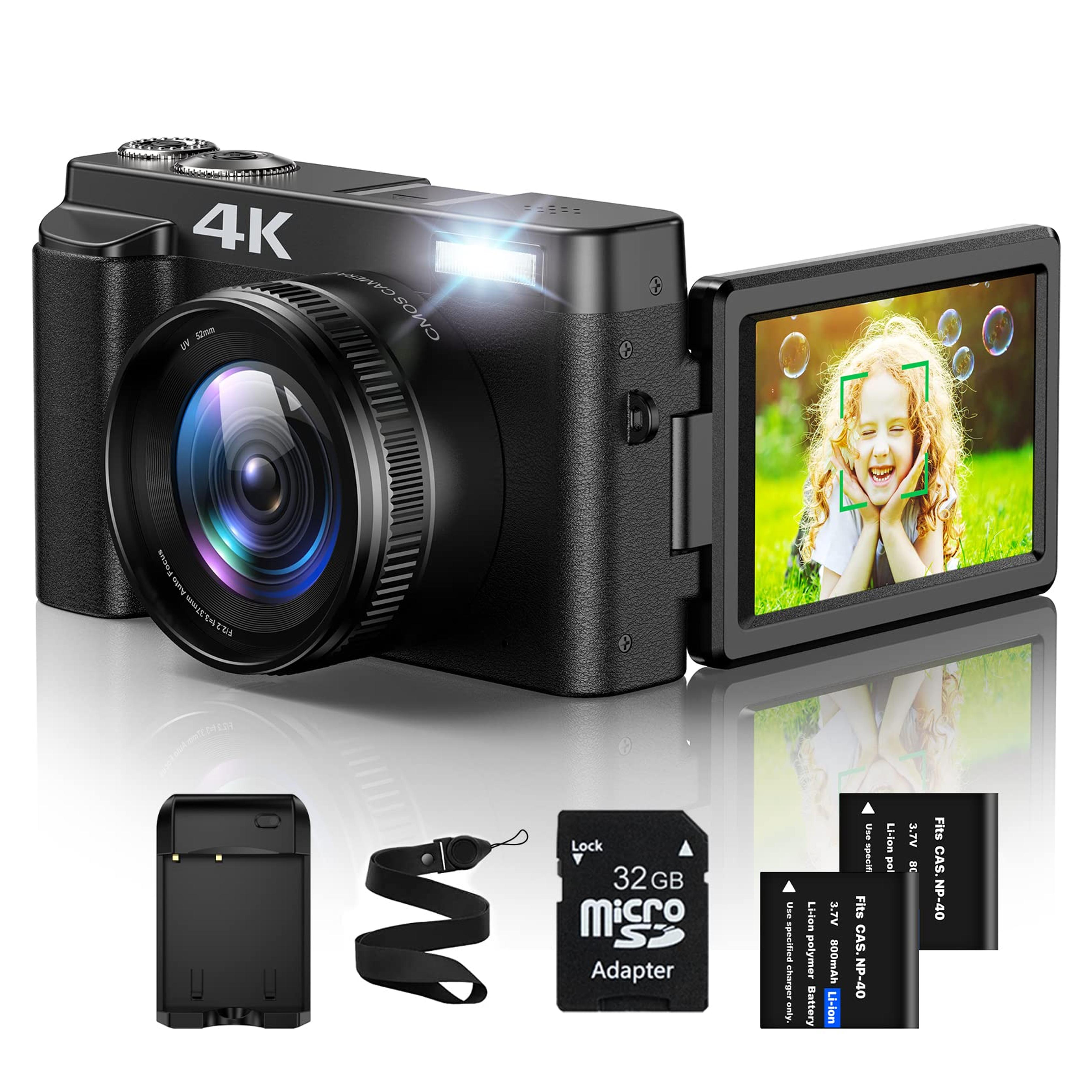 Vlogging Camera, 4K Digital Camera for Photography with 3'' 180°Flip Screen, Autofocus 48MP Video Cameras for YouTube with 16X Digital Zoom 32GB SD Card, 2 Batteries and Charging Stand for Travel