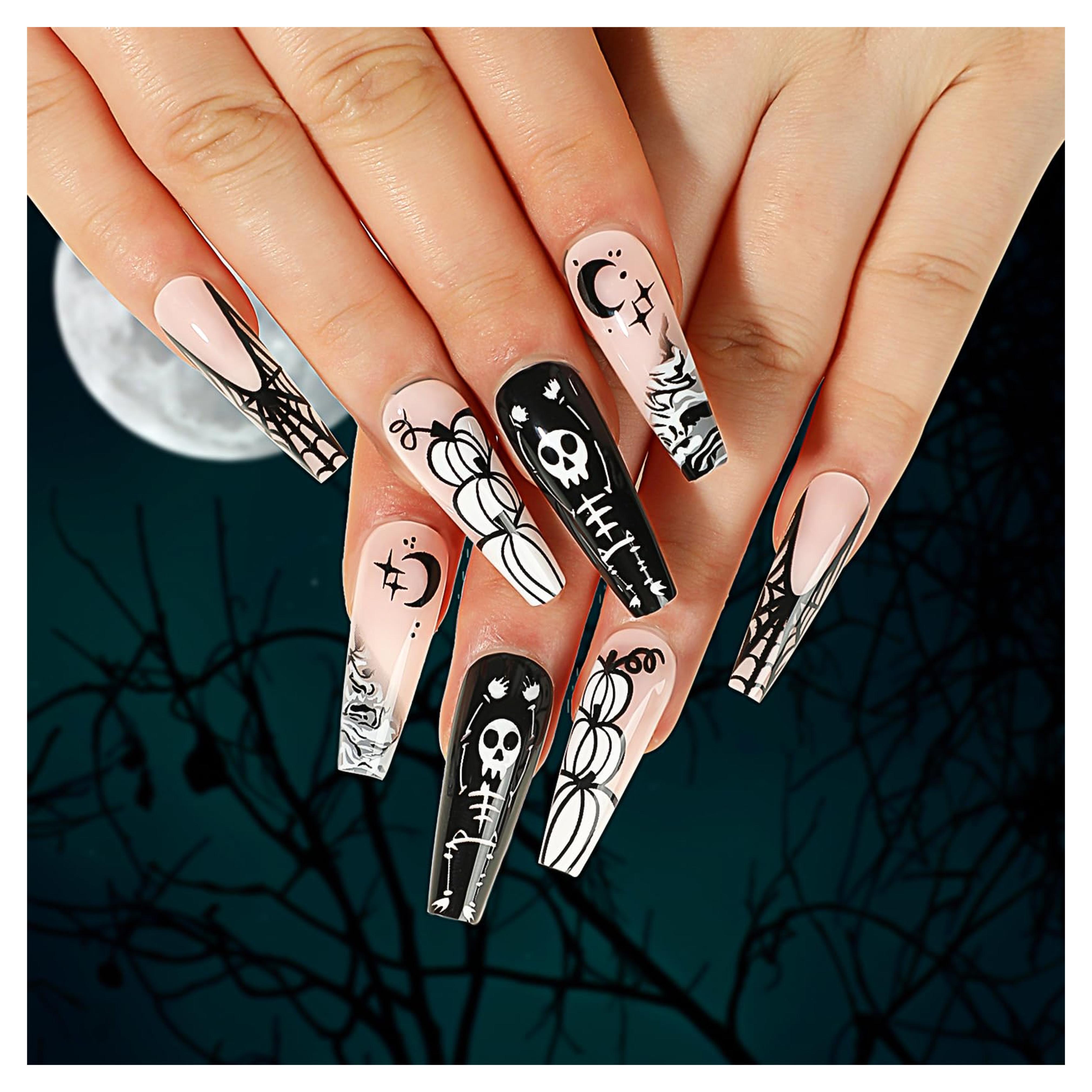 Halloween Press on Nails Long Coffin Fake Nails with Pumpkin,Spider Web,Skeleton Designs Halloween False Nails,Full Cover Glossy Acrylic Glue On Nails with Nail Glue,Stick on Nails for Women.24Pcs