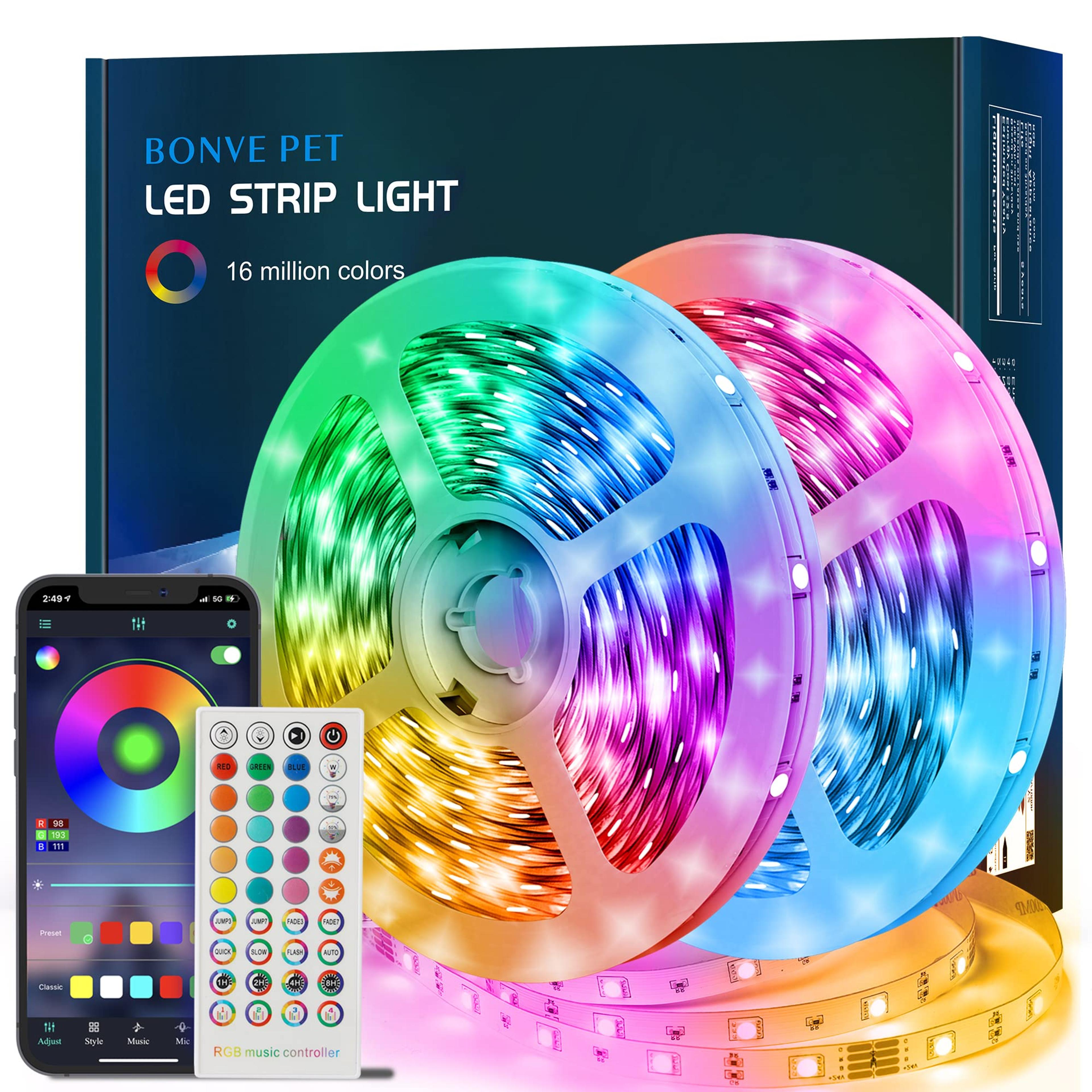 Bonve Pet LED Strip Lights 12M RGB Colour Changing LED Lights with Remote, Bluetooth App Control, Music Sync Strip Lighting for Bedroom Room Kitchen TV Party Christmas Decoration