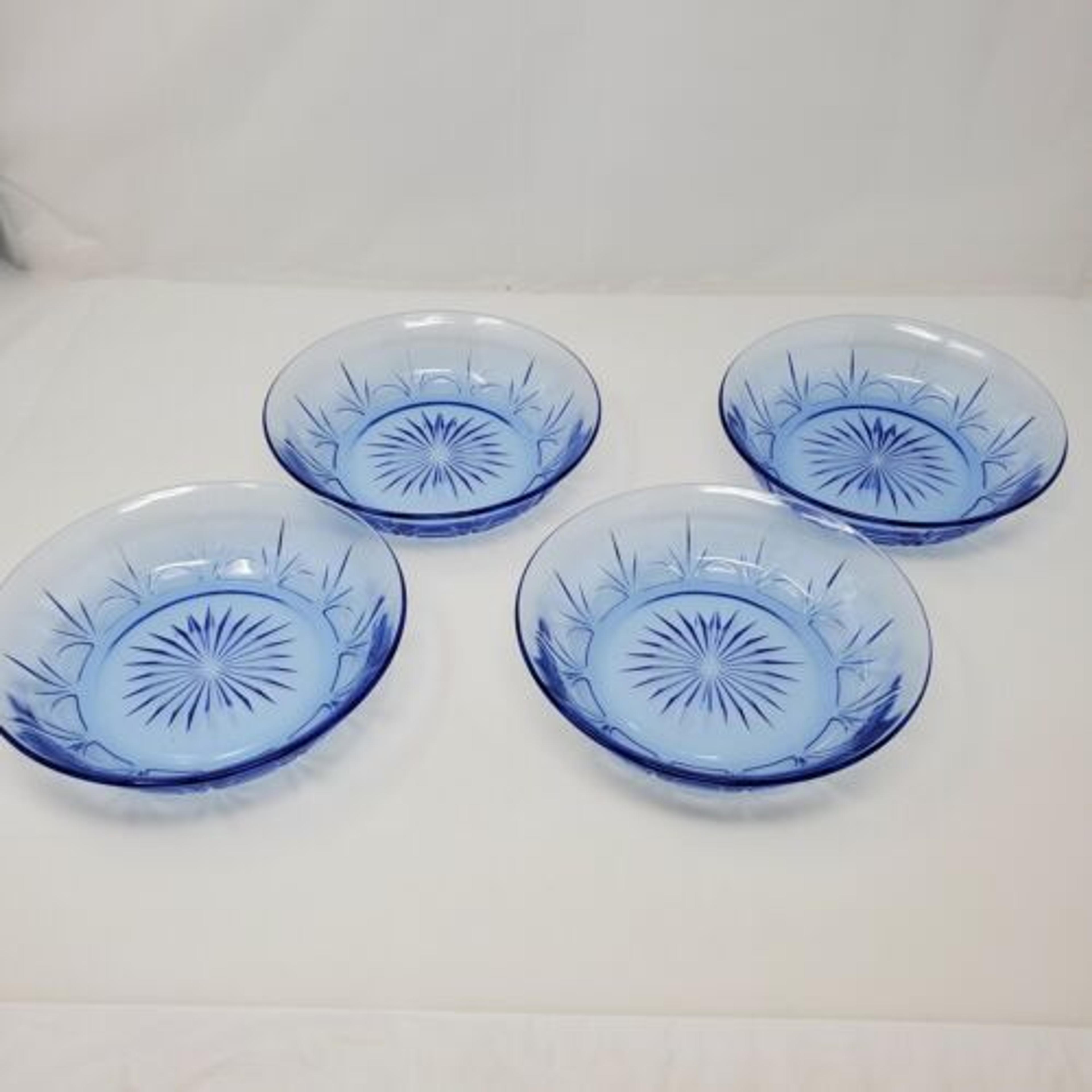 4 Vintage Avon Fostoria American Blue Glass Cereal/Soup Bowls