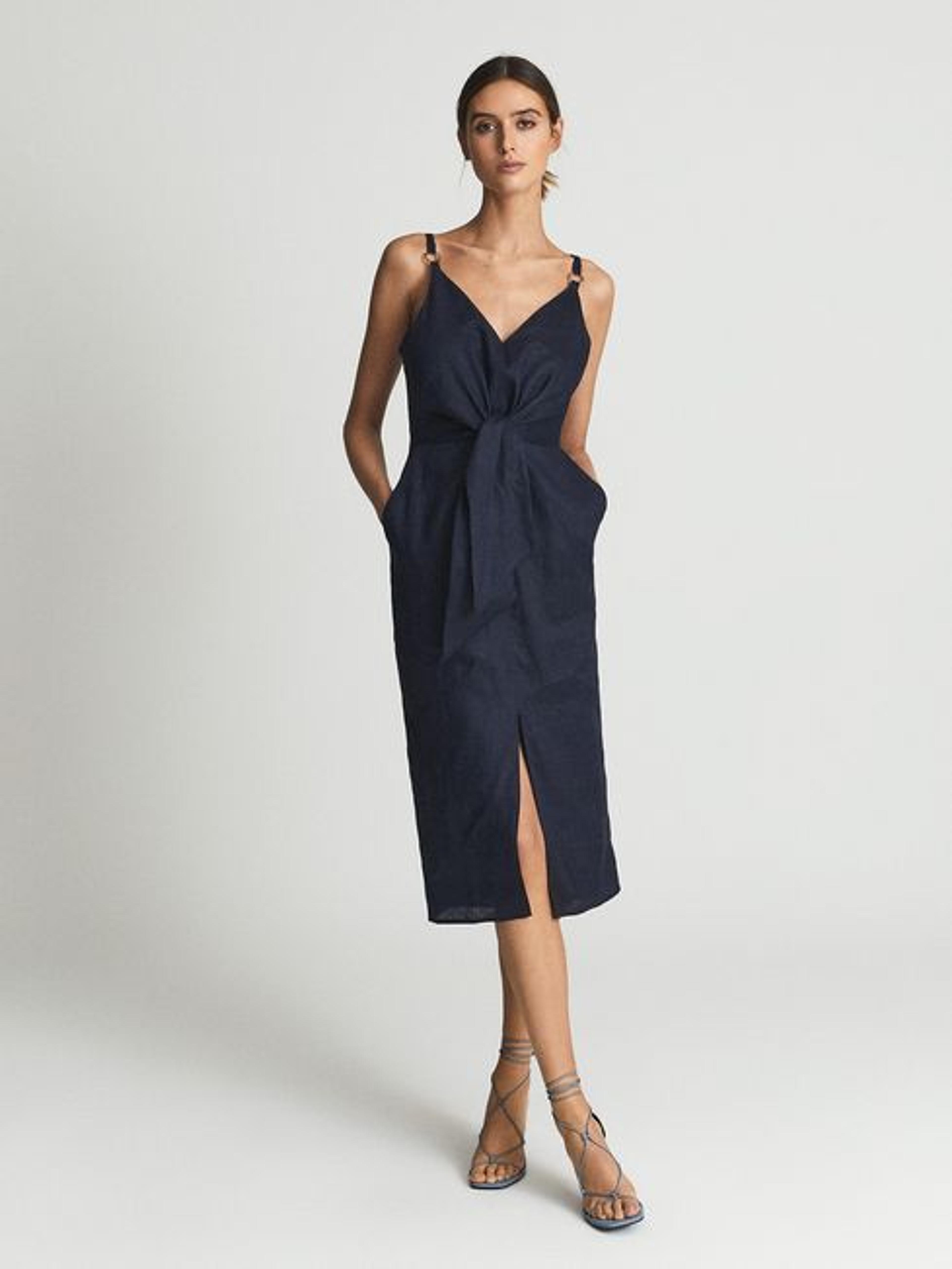 Reiss Kay Tie Detail Linen Midi Dress - REISS