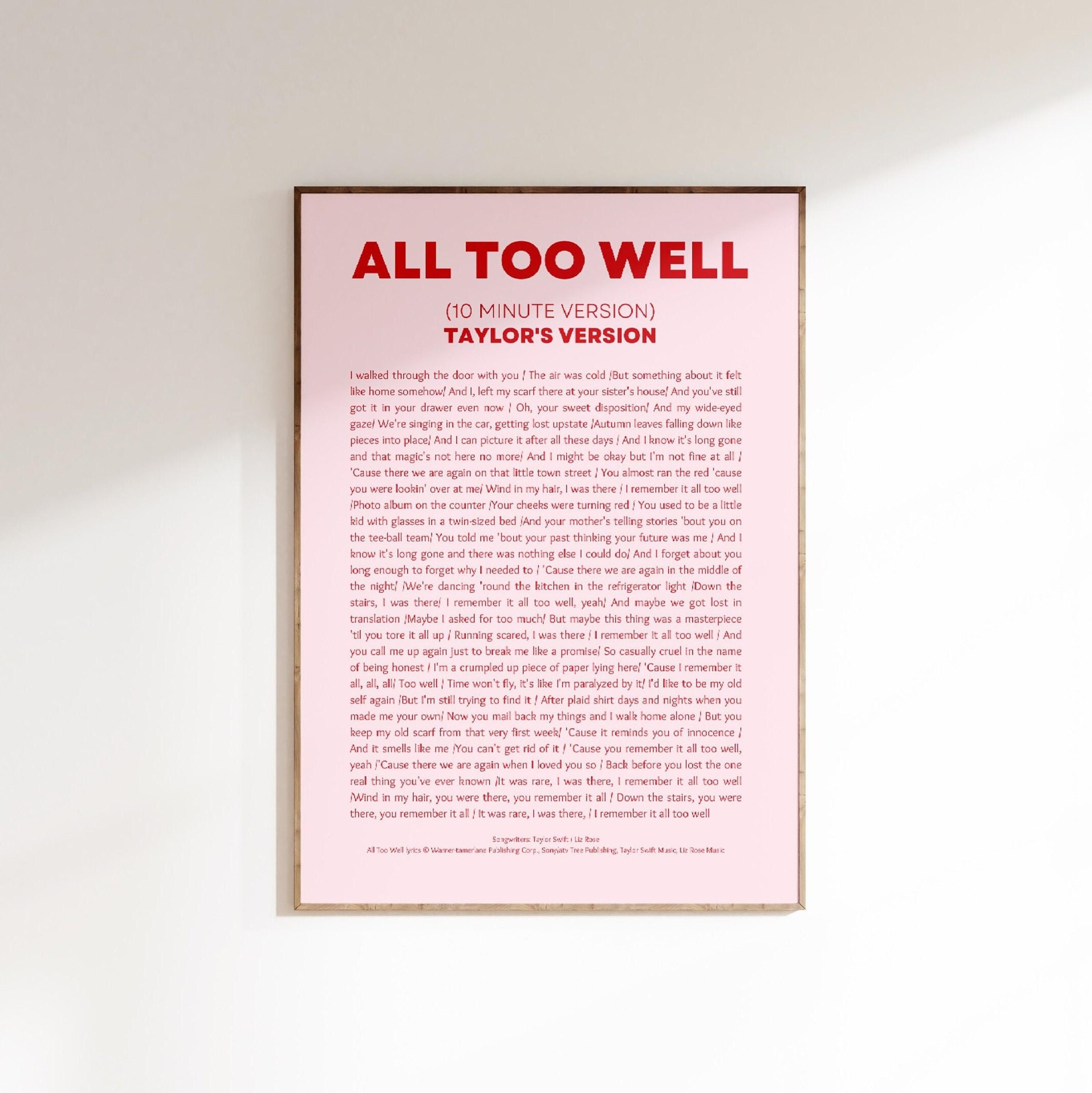 All Too Well Lyrics 10 Minute Version Taylor's - Etsy