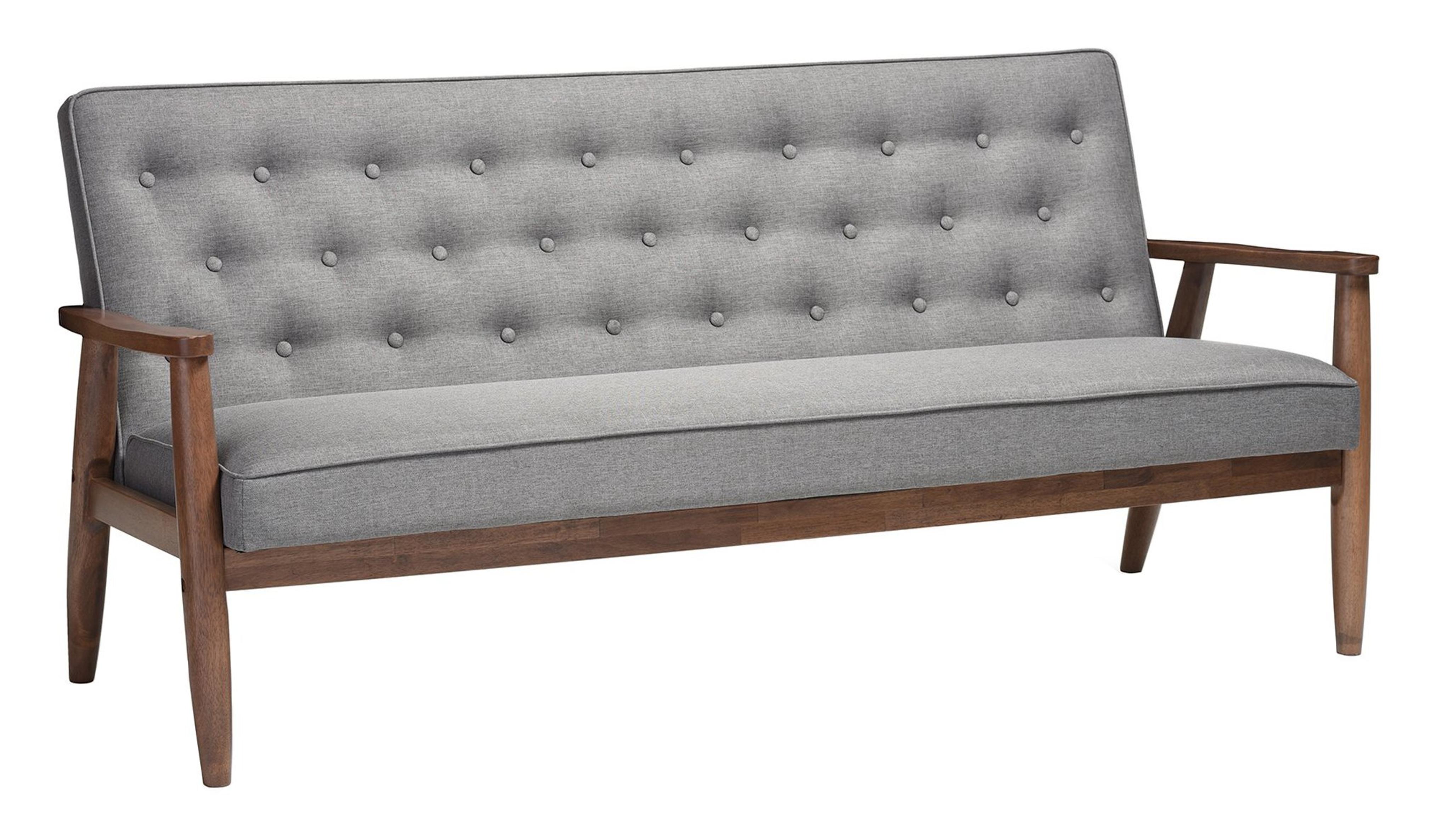 Baxton Studio Sorrento Mid-Century Retro Modern Fabric Upholstered Wooden 3-Seater Sofa, Grey