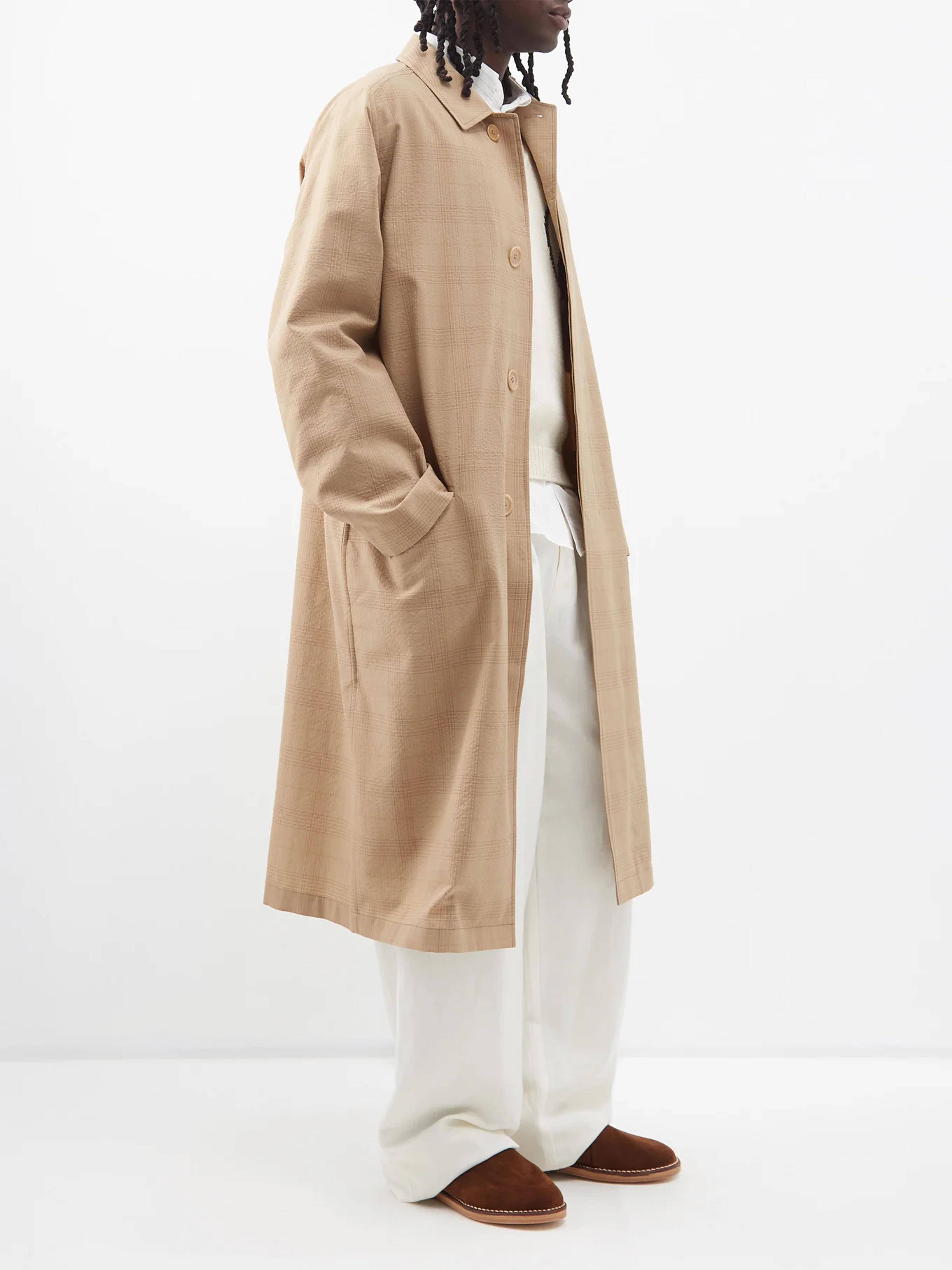 Brown Raglan checked wool-seersucker overcoat | Lemaire | MATCHESFASHION UK