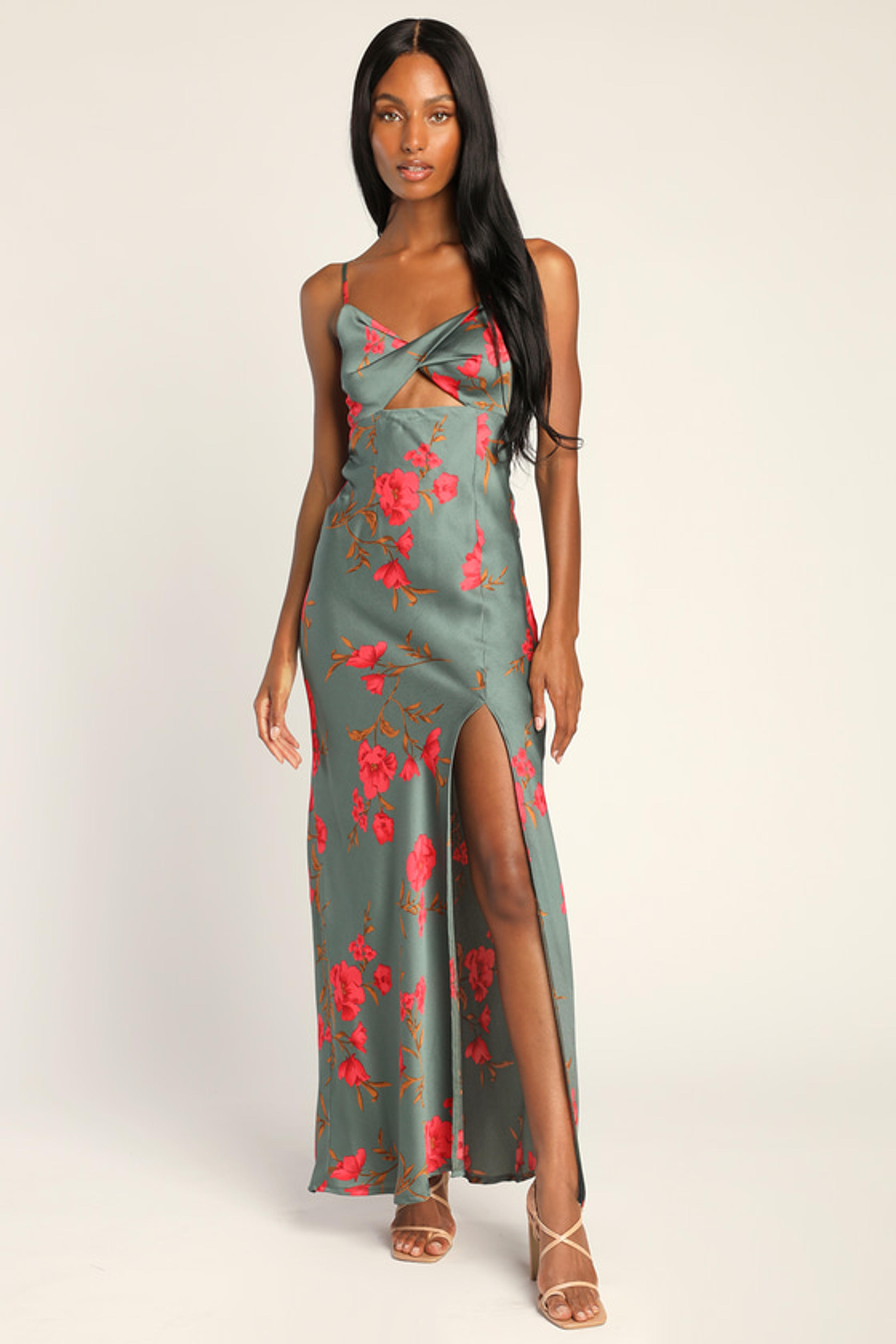 Fit for the Fete Sage Green Floral Satin Maxi Dress