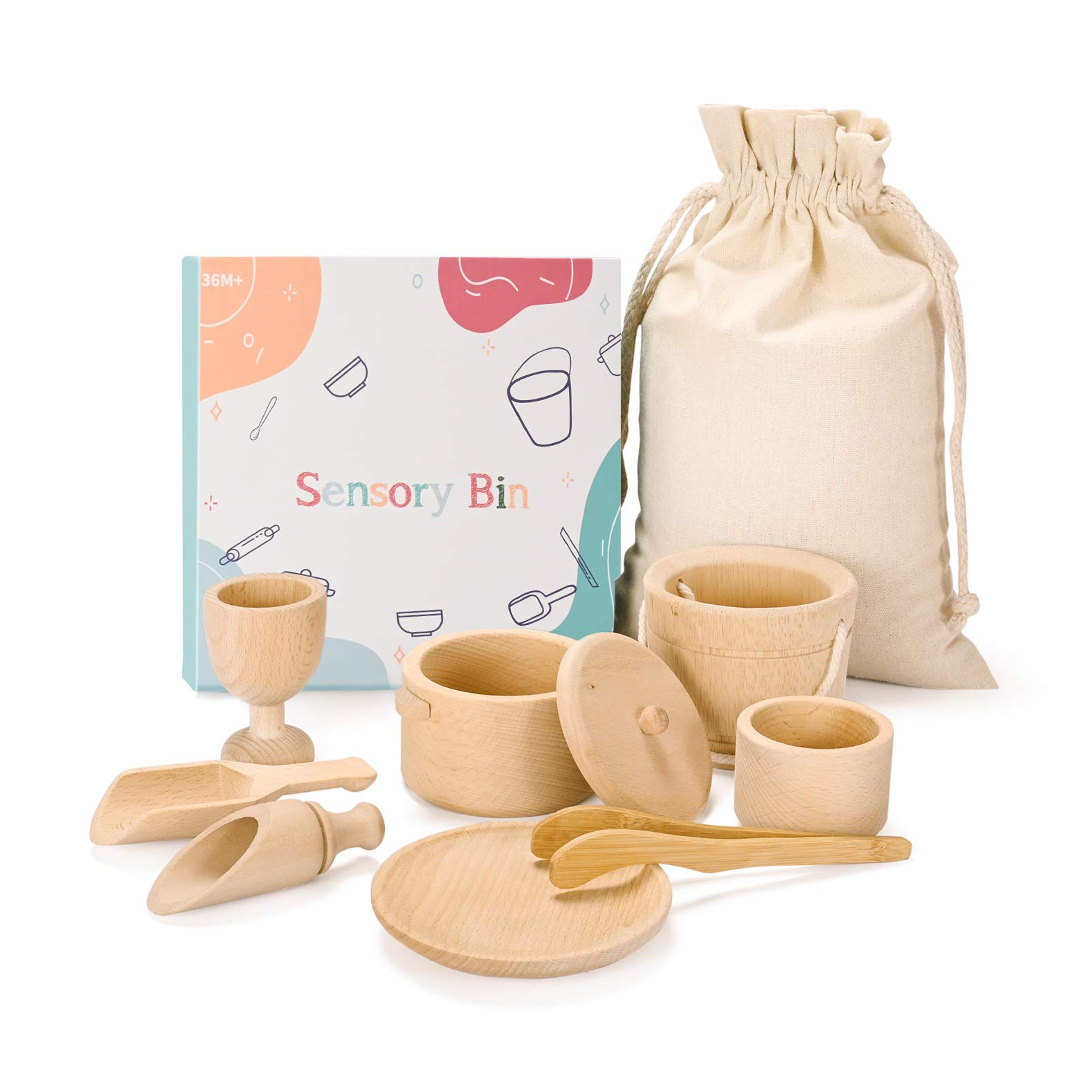 Amazon.com: MONT PLEASANT Montessori Toys Sensory Bin Toys for Toddlers Set of 9 Wooden Waldorf Toys Wooden Scoops and Tongs for Transfer Work and Fine Motor Skills Development : Toys & Games