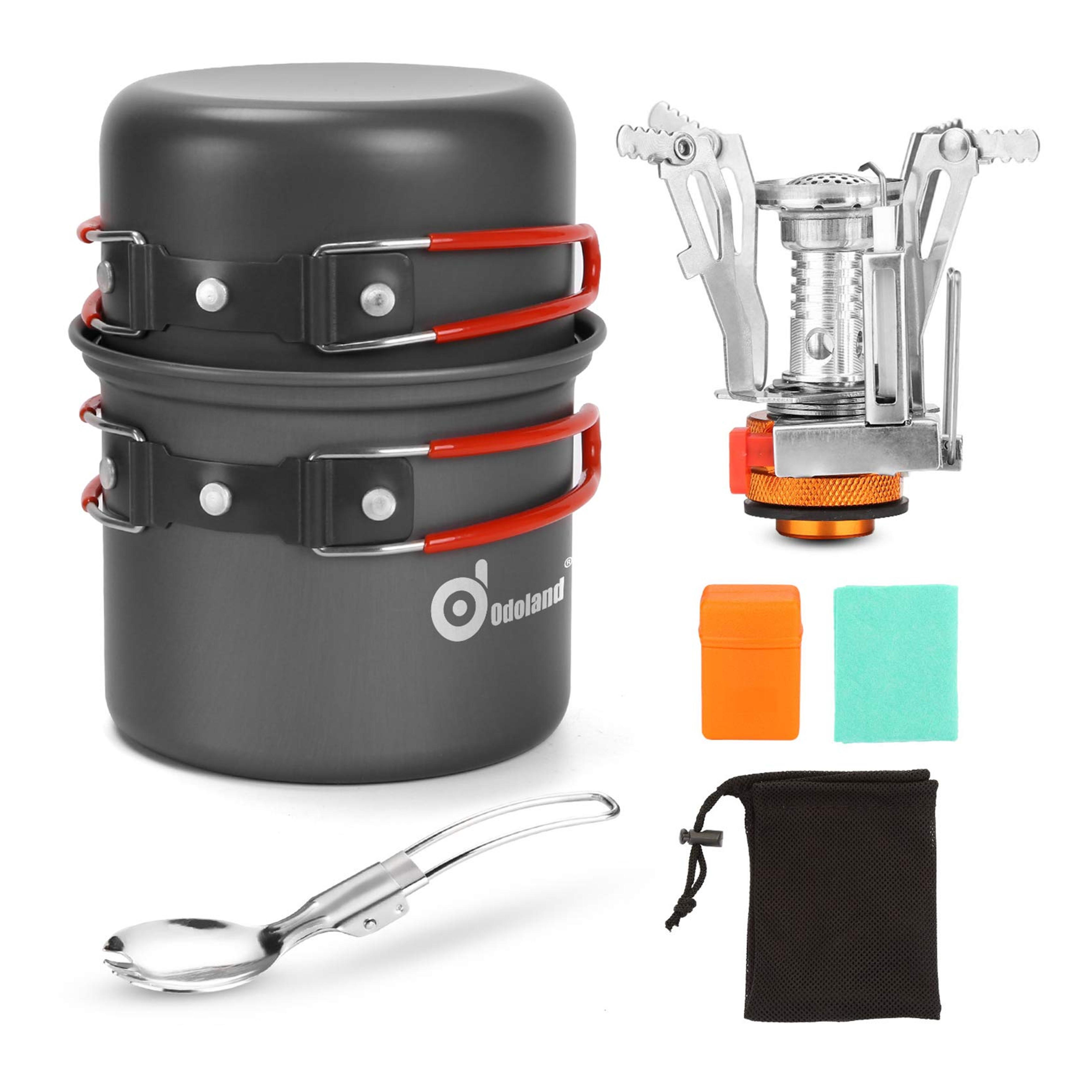 Limited-time deal: Odoland 6pcs Camping Cookware Mess Kit with Lightweight Pot, Stove, Spork and Carry Mesh Bag, Great for Backpacking Outdoor Camping Hiking and Picnic