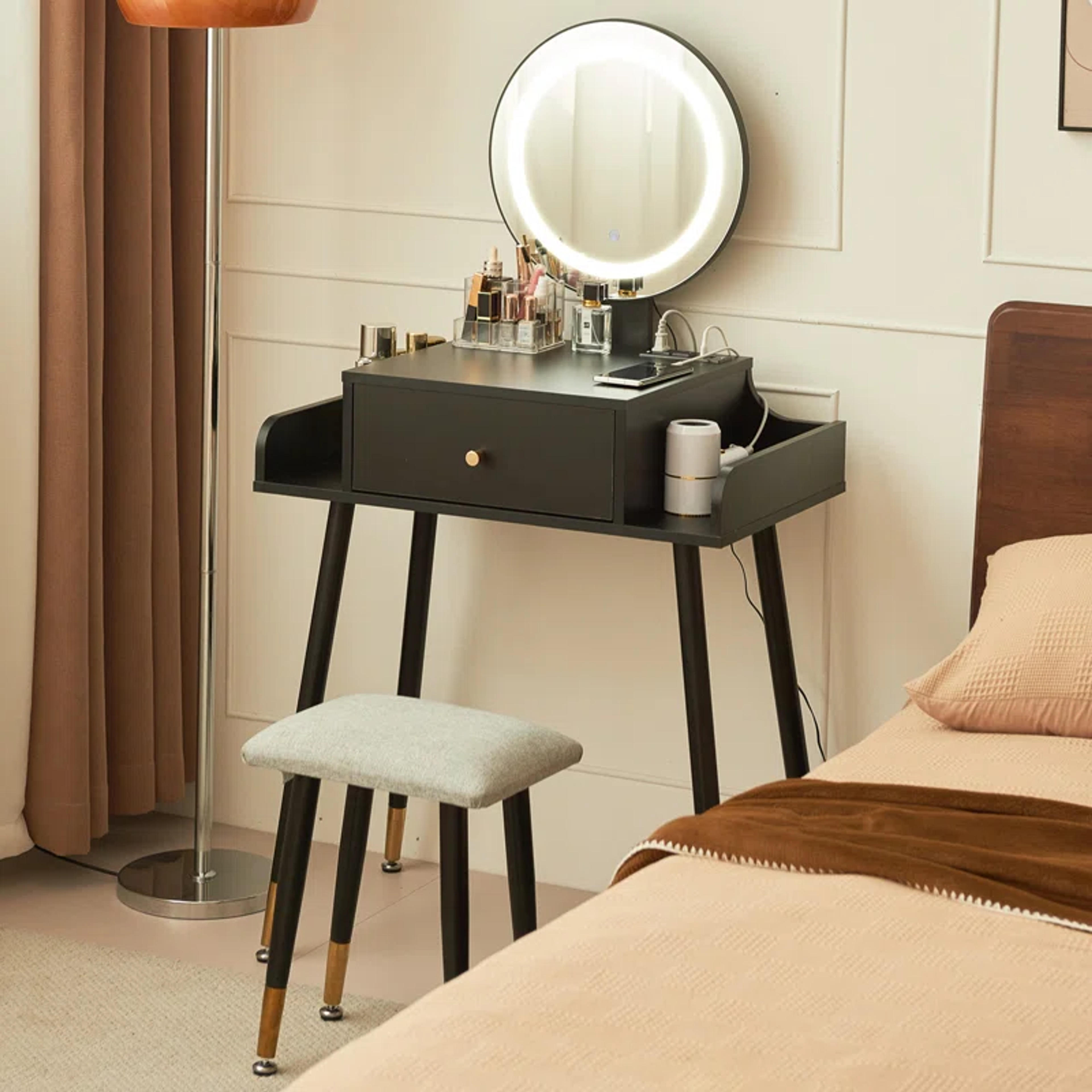 Mercer41 Ridaa Makeup Vanity Set with LED Mirror and Charging Station, Cushioned Stool Bedroom & Reviews | Wayfair