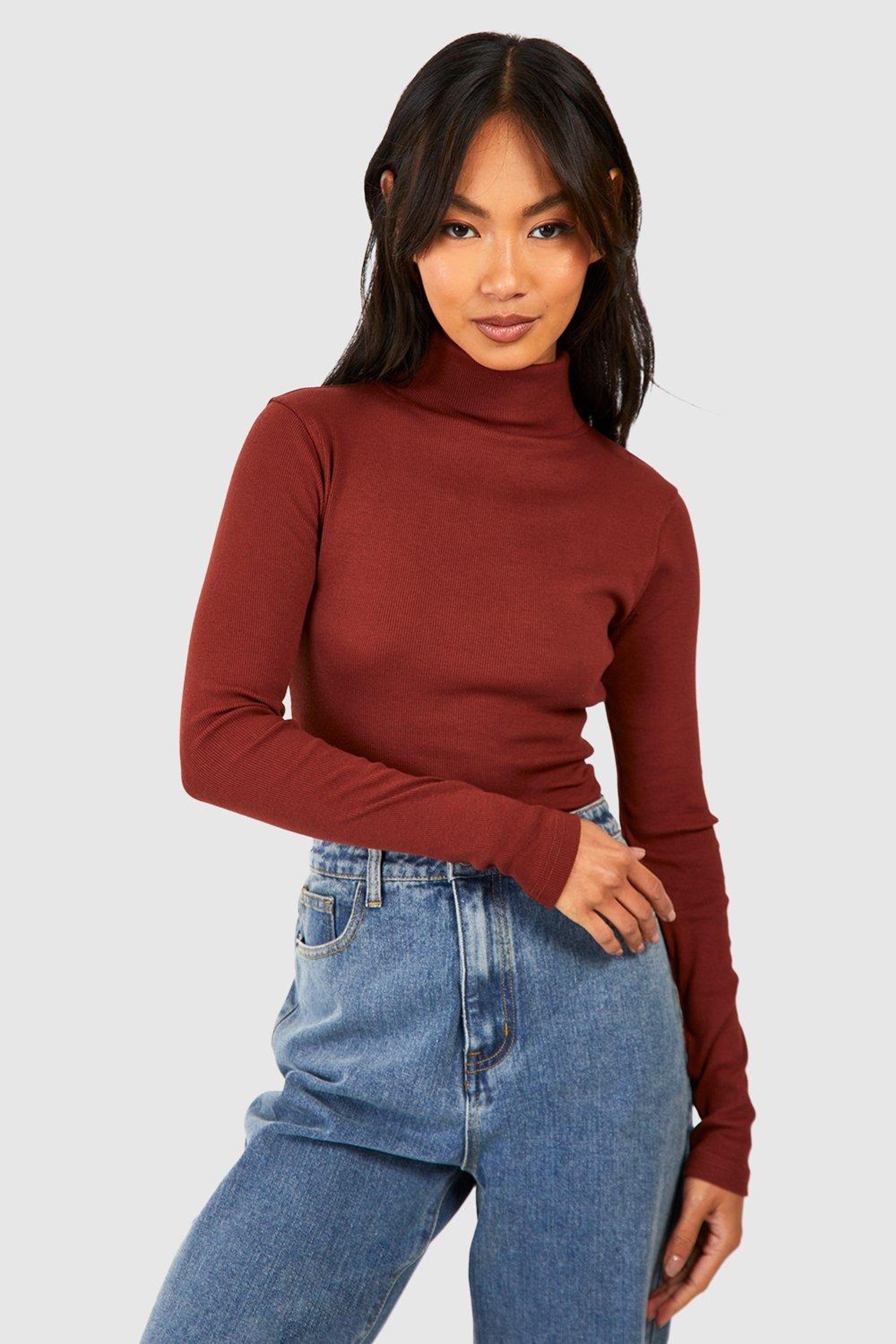 Basic Rib Roll Neck Long Sleeve Bodysuit  