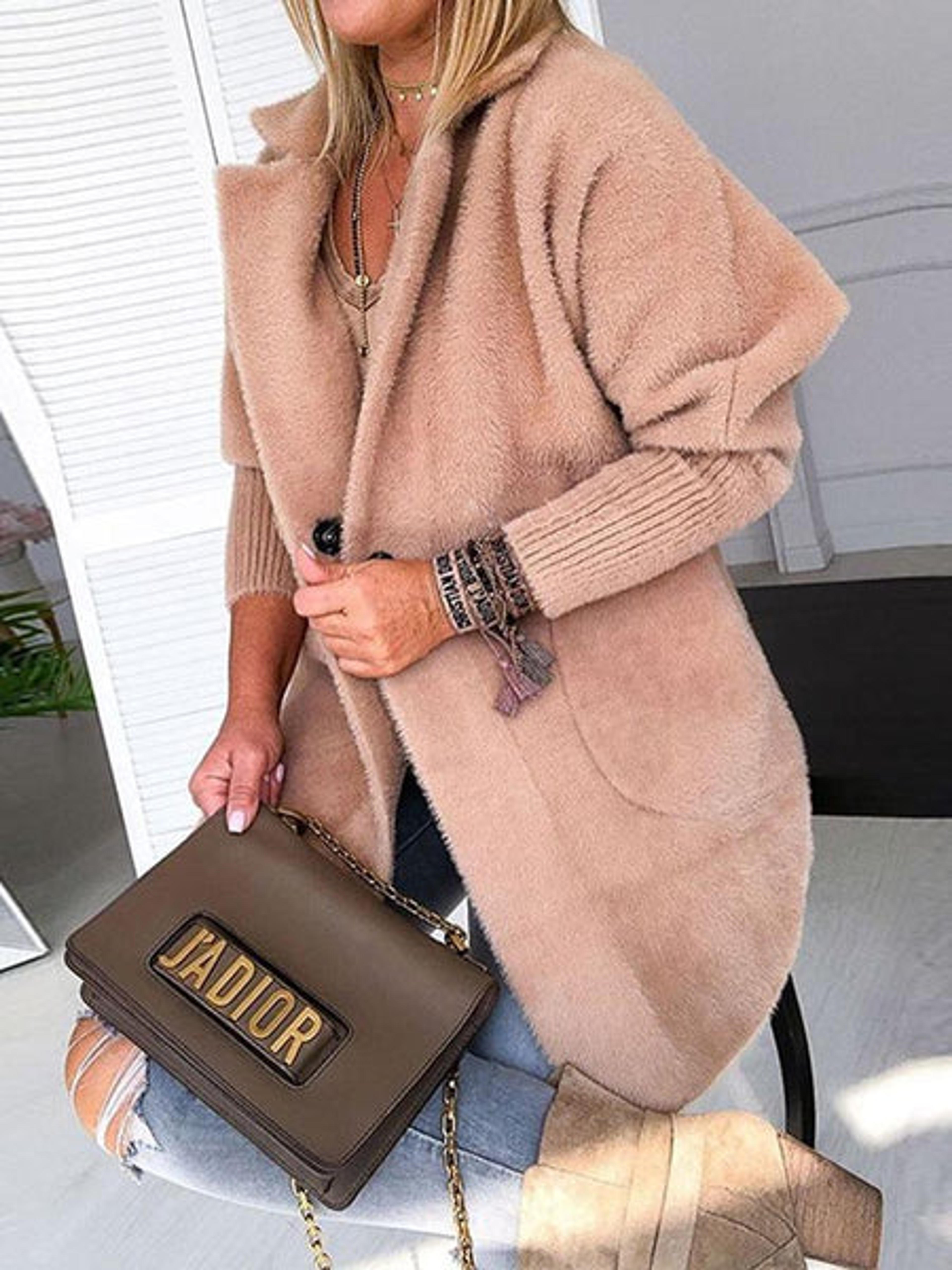 Winter Women Elegant Shaggy Casual Outfit Female Fashion Daily Long Jacket Warm Khaki Solid Fluffy Open Front Long Coat – Hplify