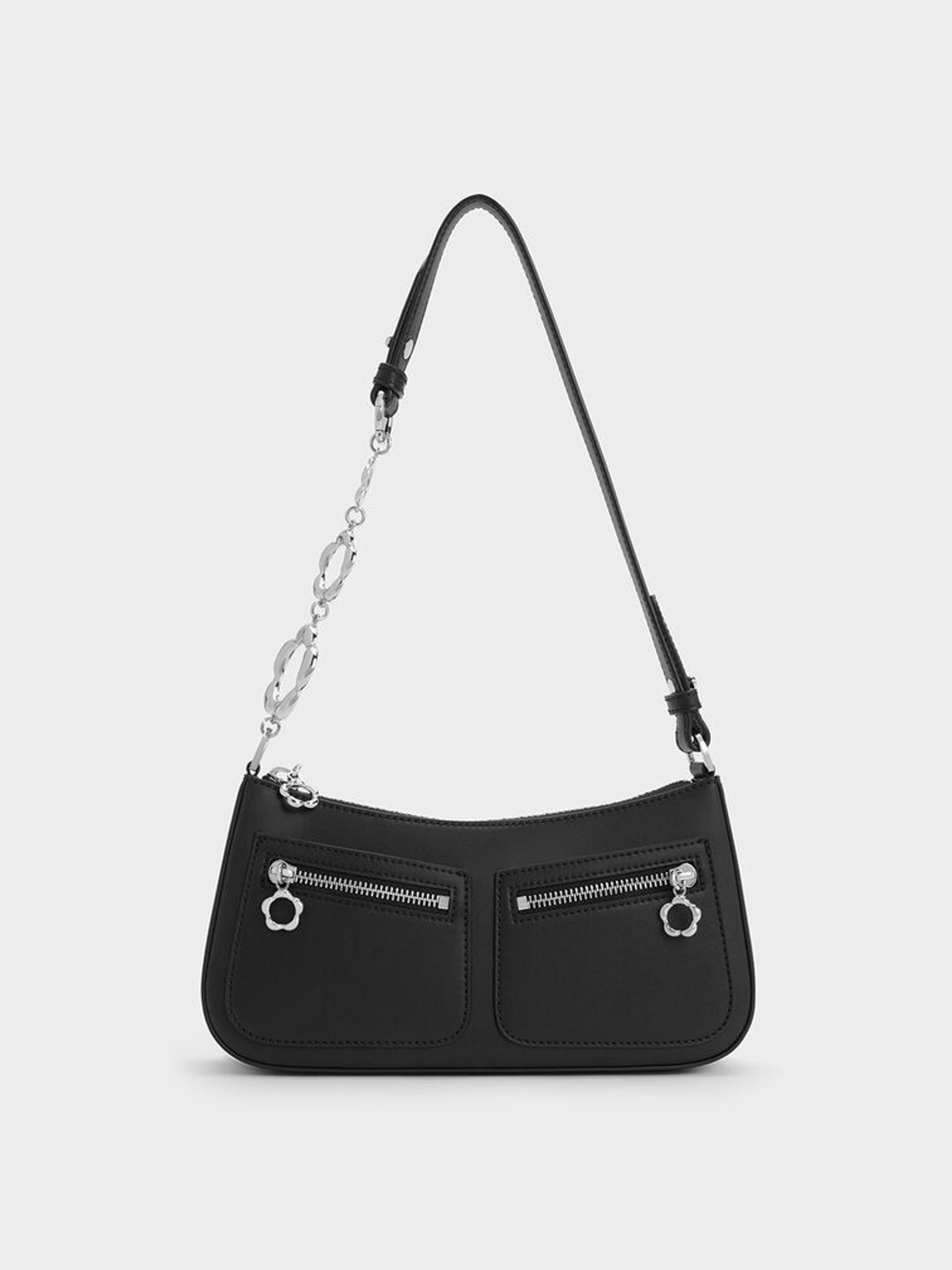 Black Flower-Embellished Shoulder Bag - CHARLES & KEITH CA