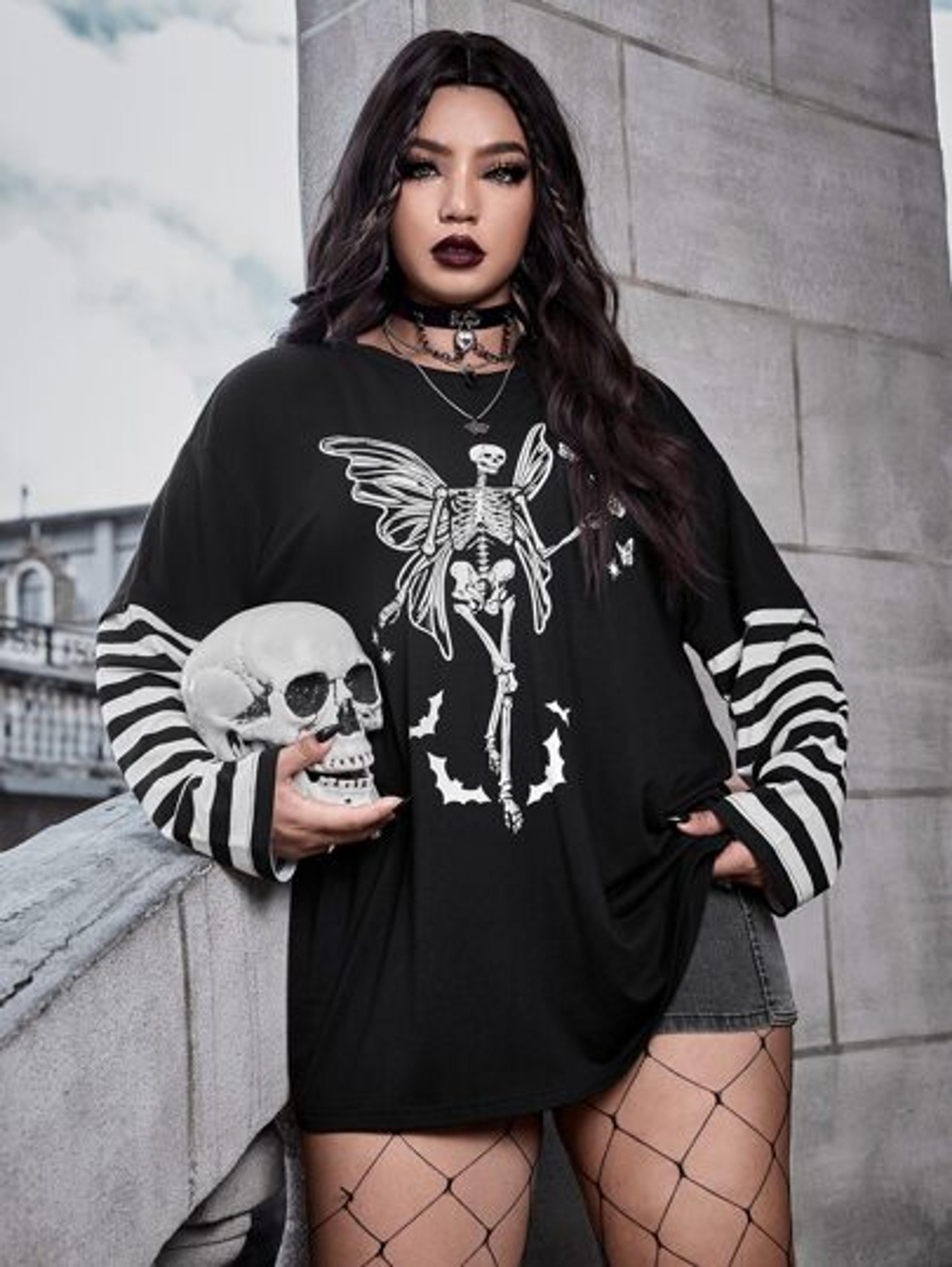 ROMWE PUNK Plus Skeleton & Butterfly Print Drop Shoulder Tee | SHEIN USA