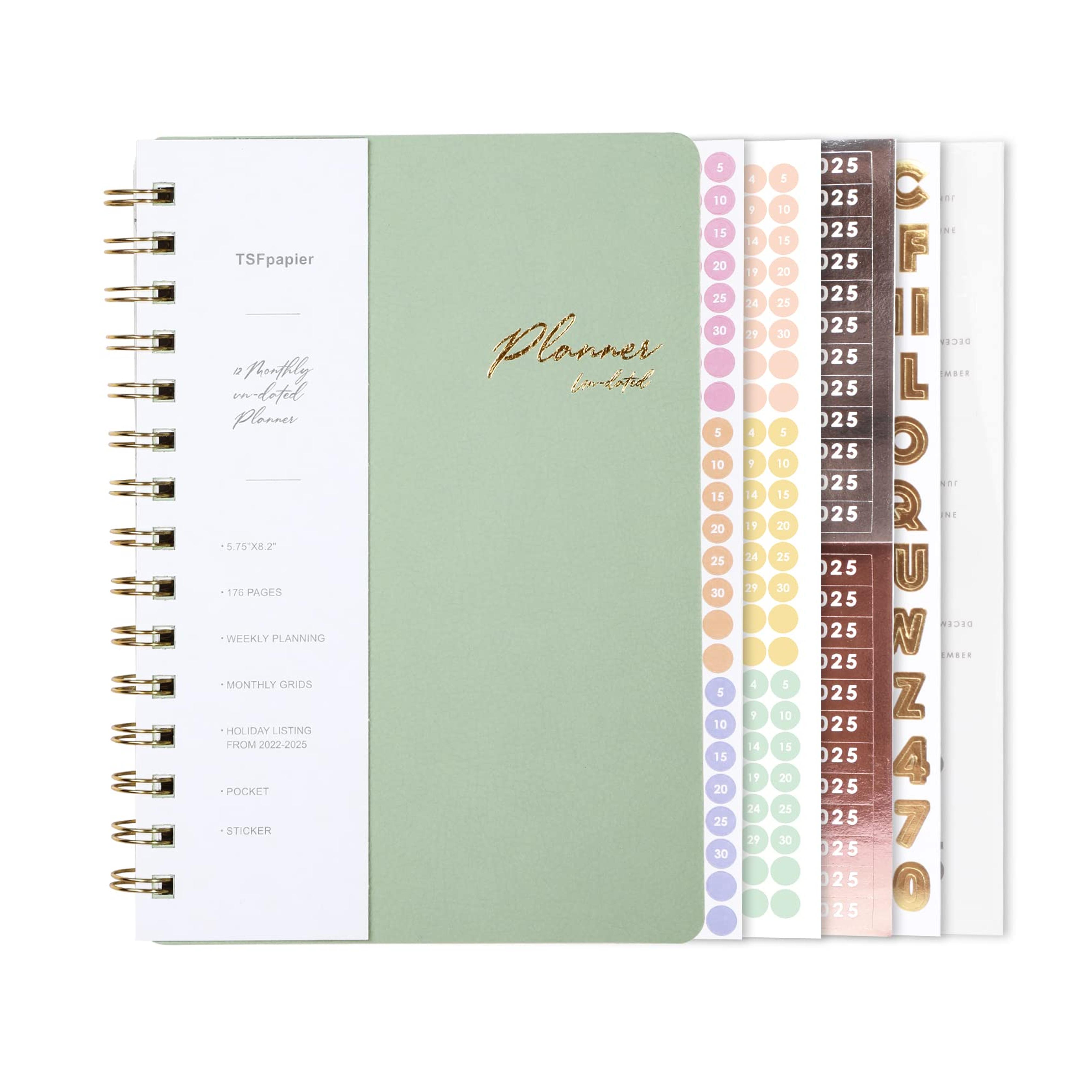 TSFPapier Undated Academic Weekly & Monthly Planner for 2022, 2023, 2024 and 2025, 6.1"x8.2" 12 - Month Academic Spiral Planner with Tabs, Thick Paper + Twin-Wire Binding , Thick Paper, Twin-Wire Binding, Inner Pocket, Stickers (Mint Green)